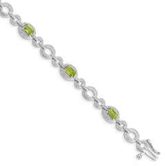 Sterling Silver Rhodium-plated Diamond & Peridot Oval Link Bracelet