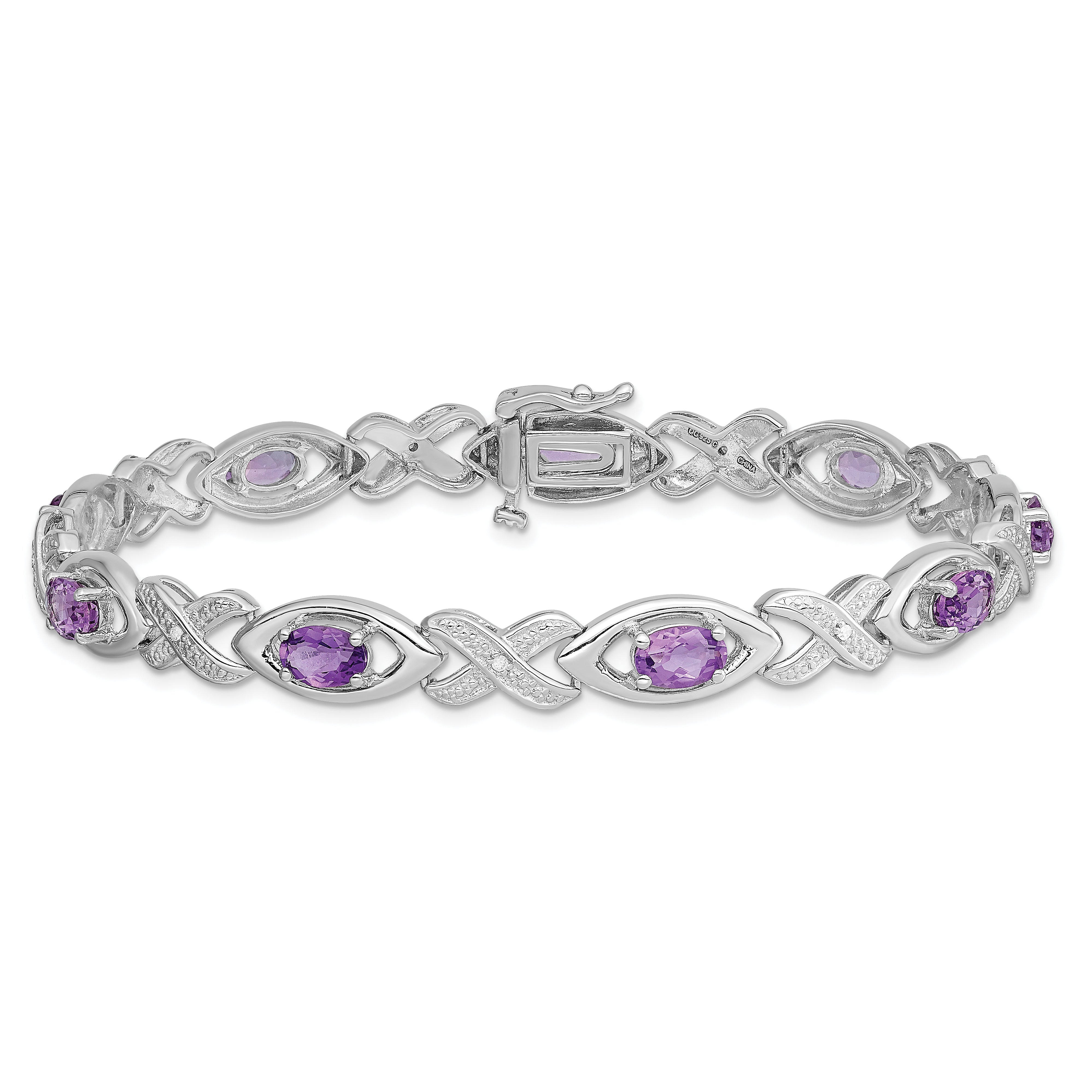 Sterling Silver Rhodium-plated Diamond & Amethyst Bracelet