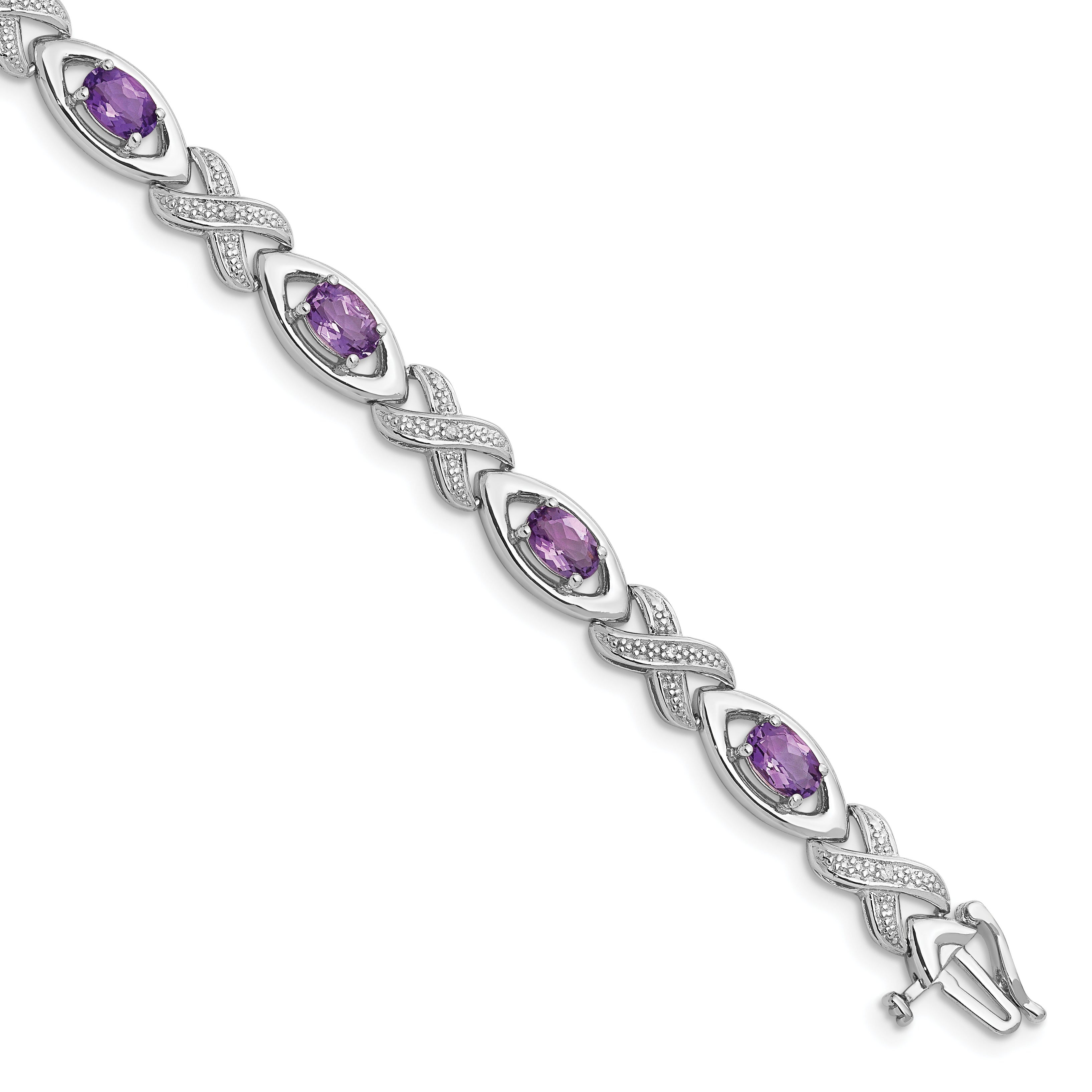 Sterling Silver Rhodium-plated Diamond & Amethyst Bracelet