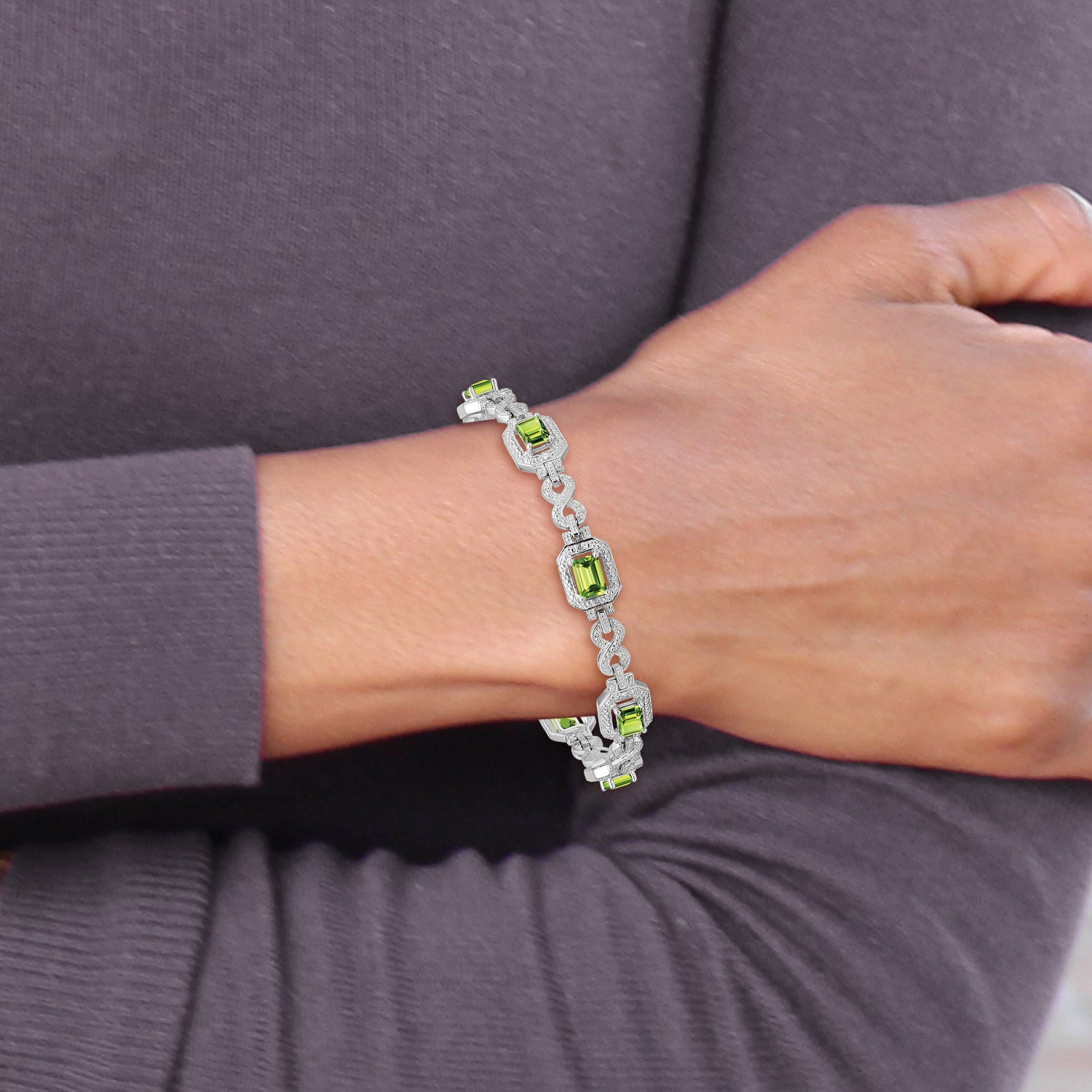 Sterling Silver Rhodium-plated Diamond & Peridot Bracelet