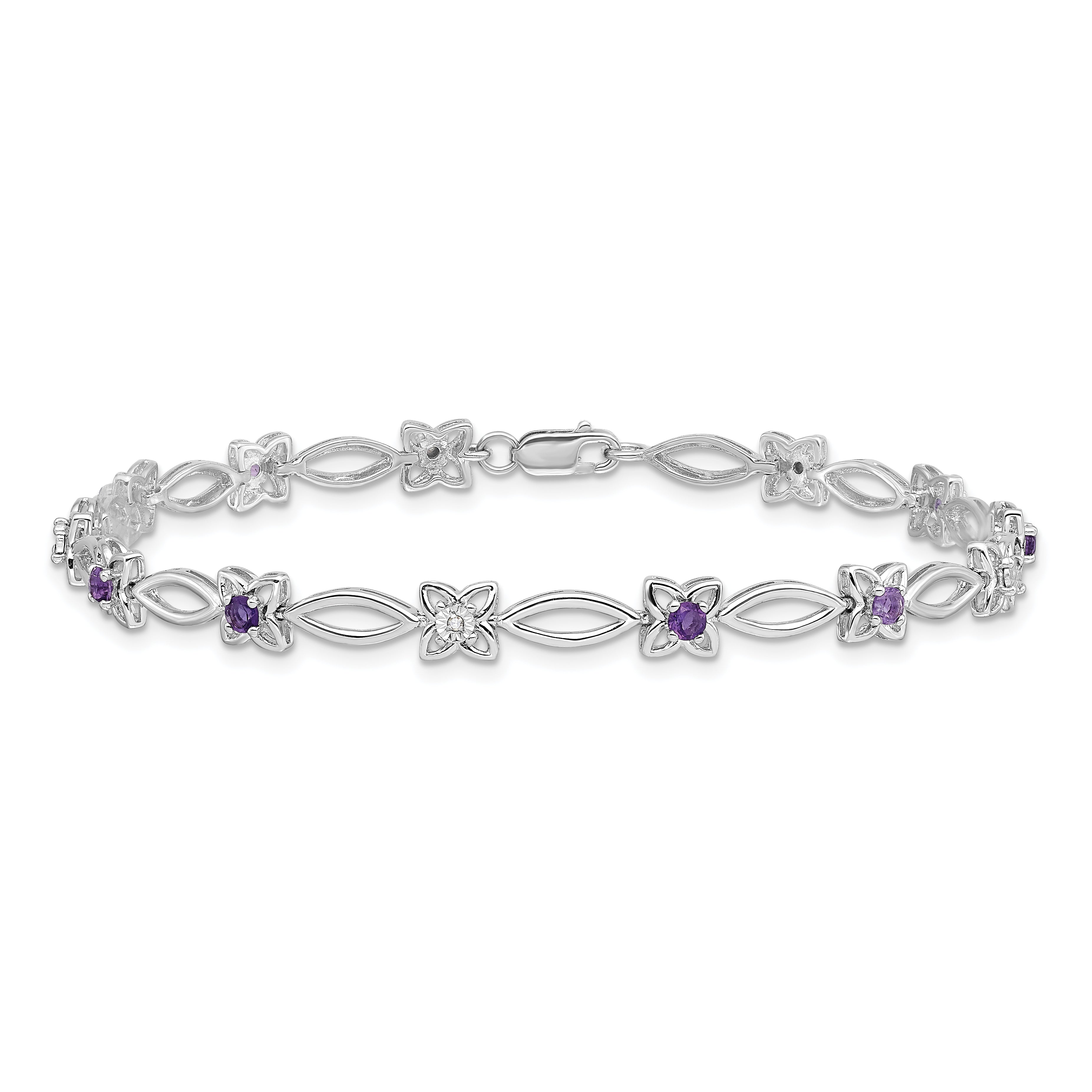 Sterling Silver Rhodium-plated Amethyst & Diamond Bracelet