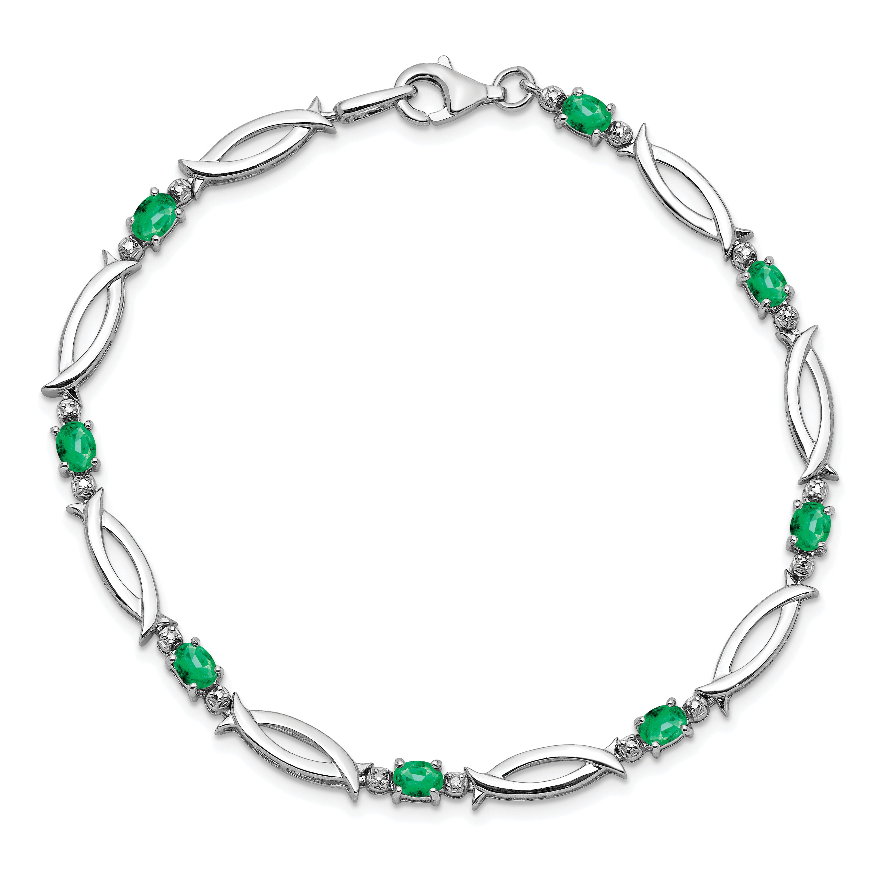 Sterling Silver Rhodium-plated Emerald and Diamond Bracelet