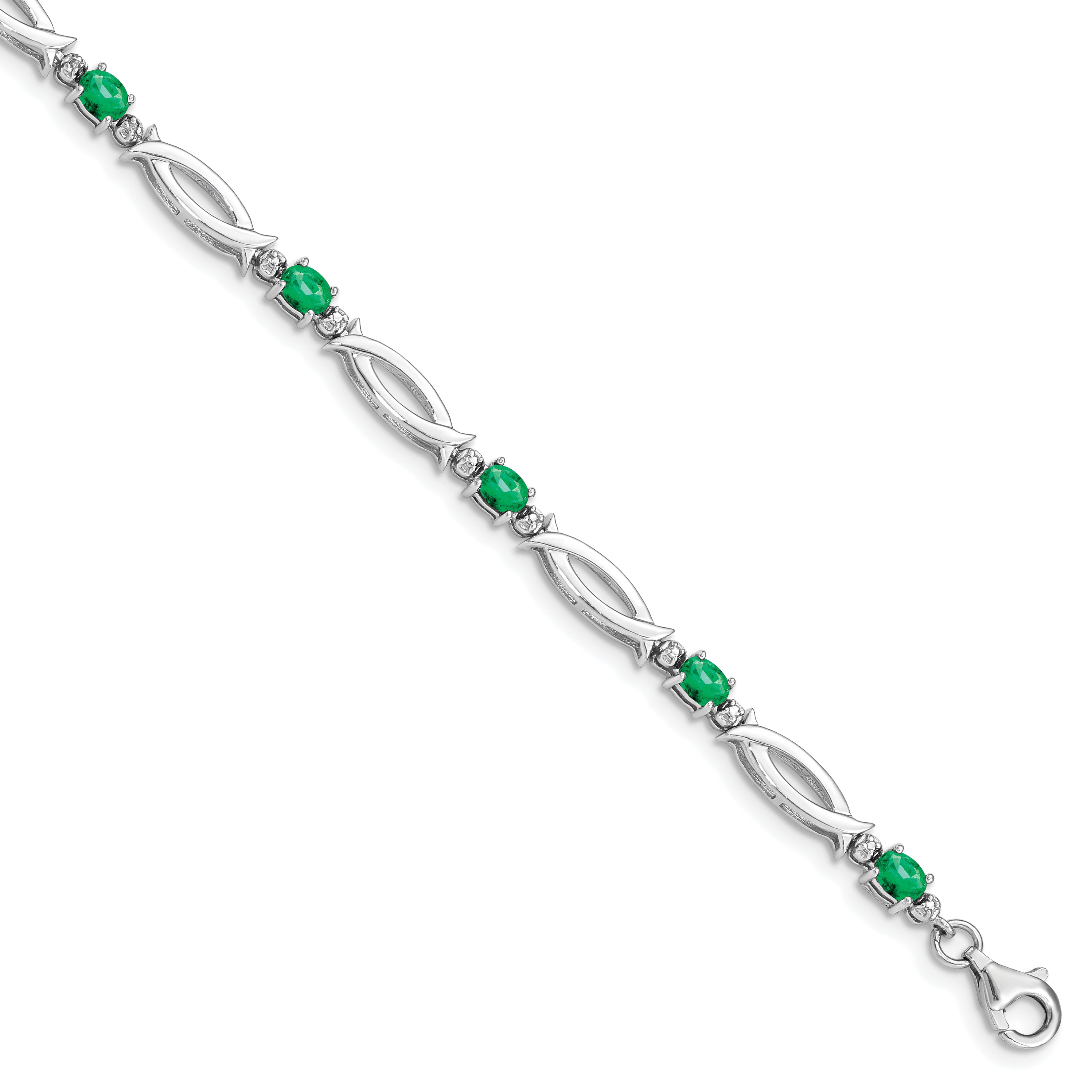 Sterling Silver Rhodium-plated Emerald and Diamond Bracelet