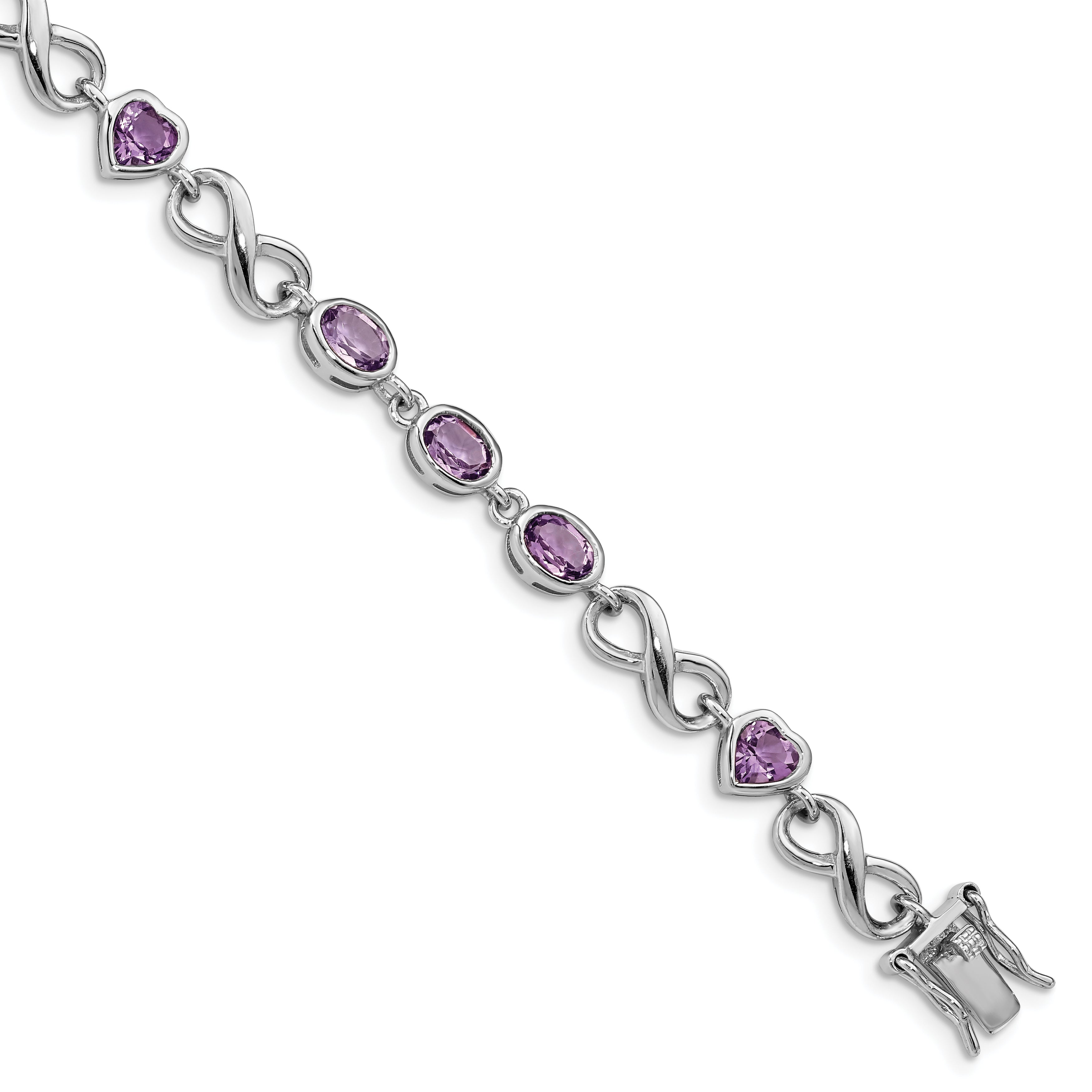 Sterling Silver Rhodium-plated Oval Heart Amethyst Bracelet