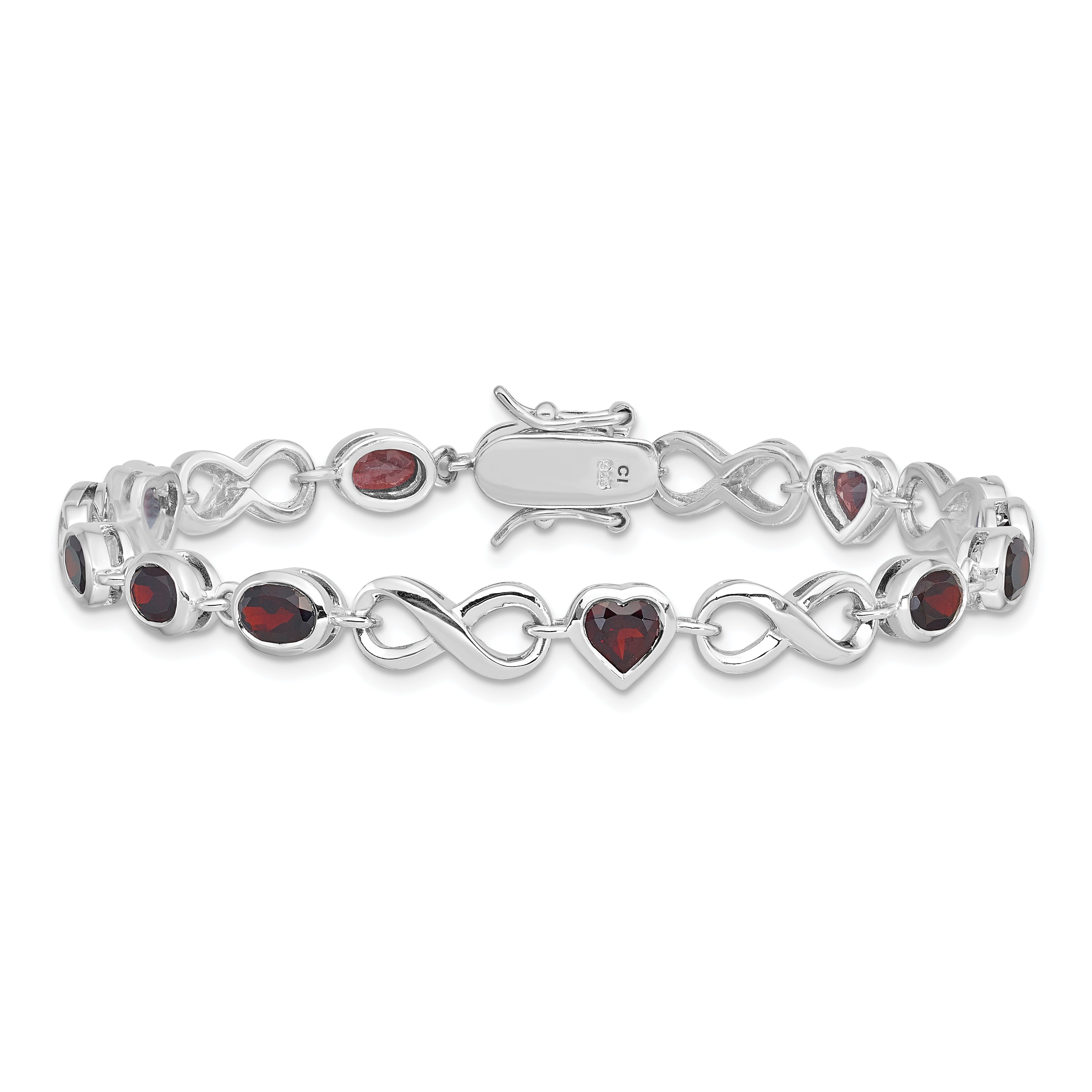 Sterling Silver Rhodium-plated Oval Heart Garnet Bracelet