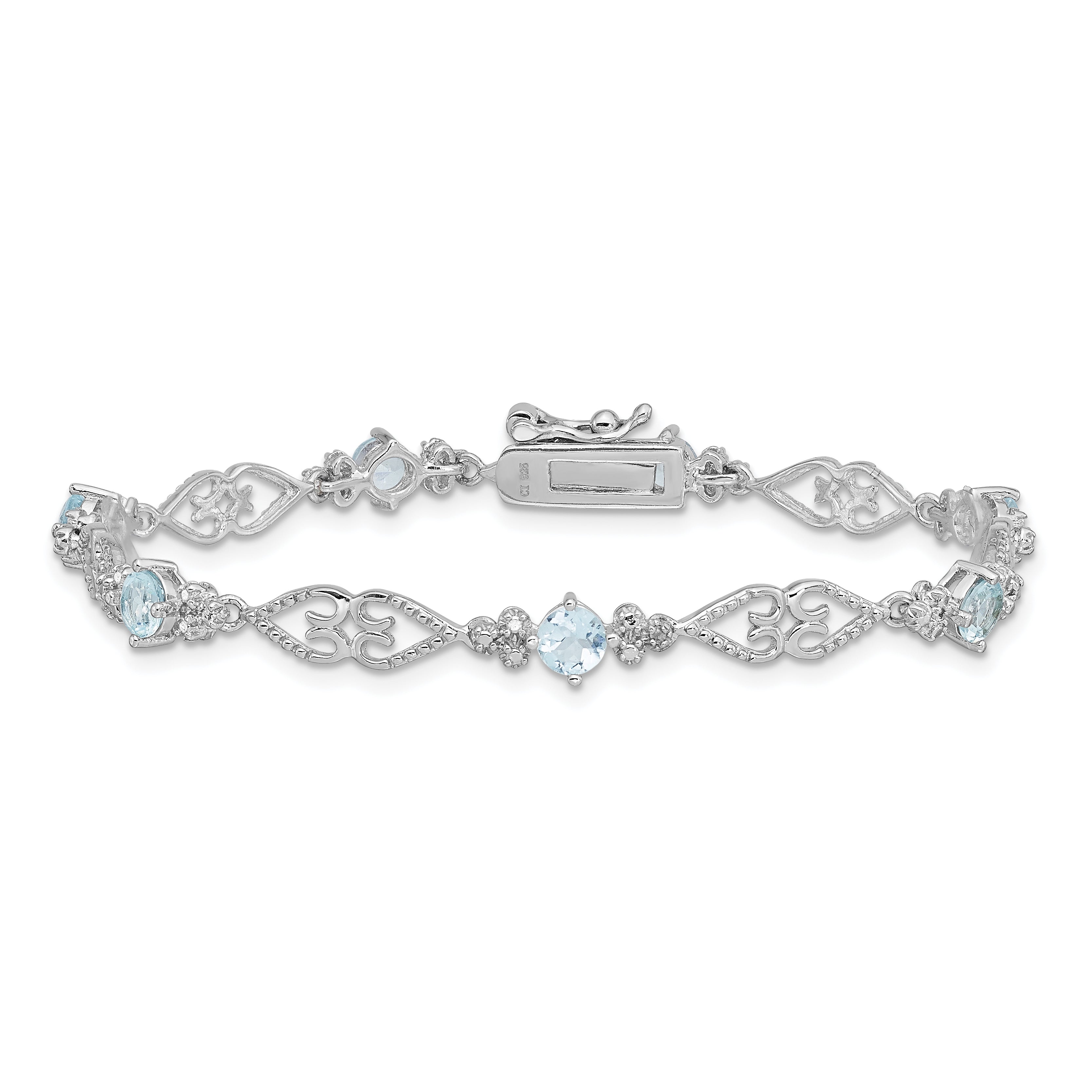 Sterling Silver Rhodium-plated Diamond Aquamarine Bracelet