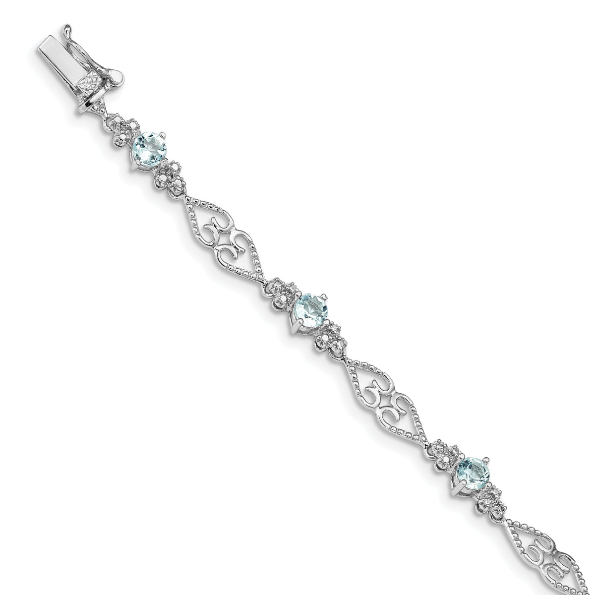 Sterling Silver Rhodium-plated Diamond Aquamarine Bracelet