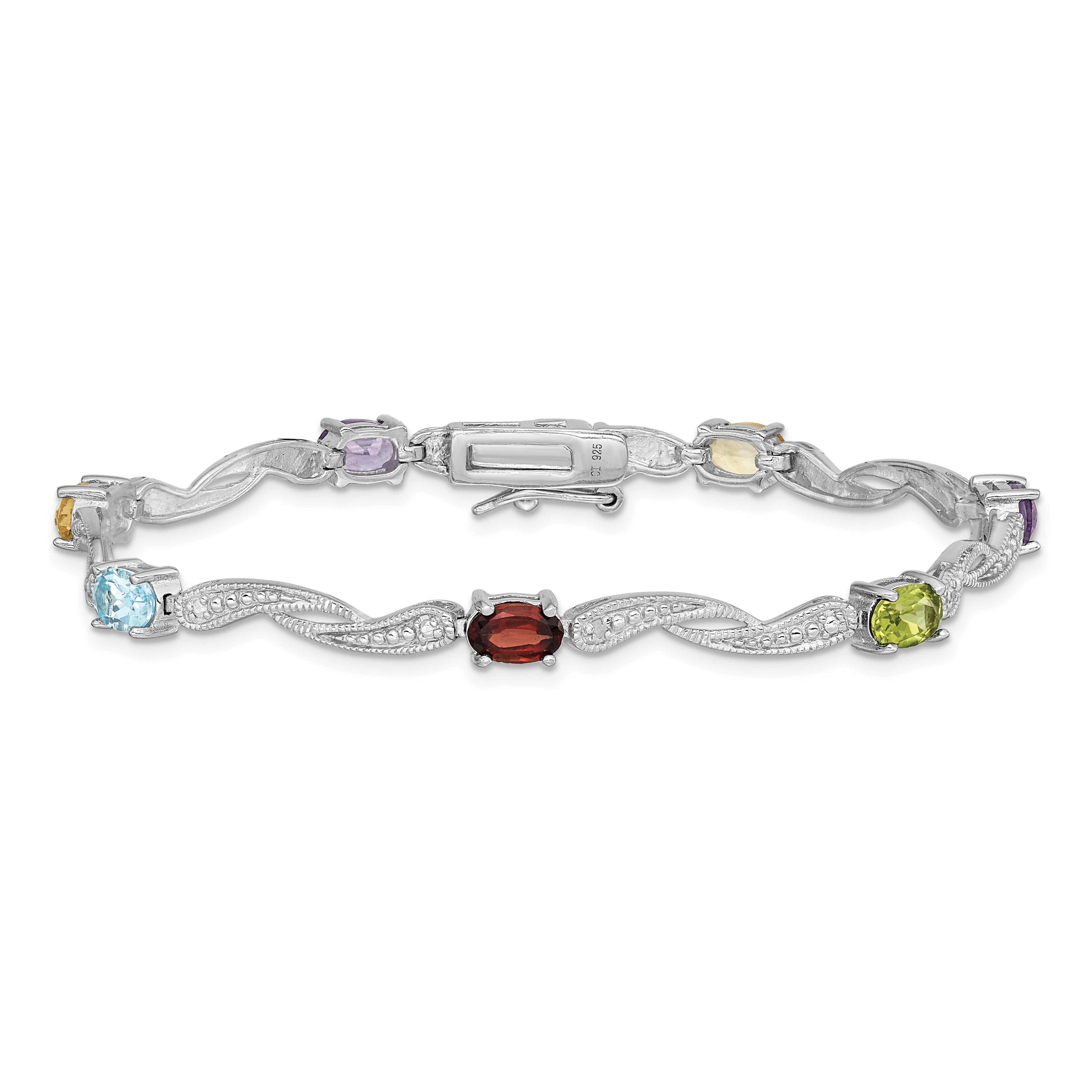 Sterling Silver Rhodium-plated Diamond Multi-Colored Gemstone Bracelet