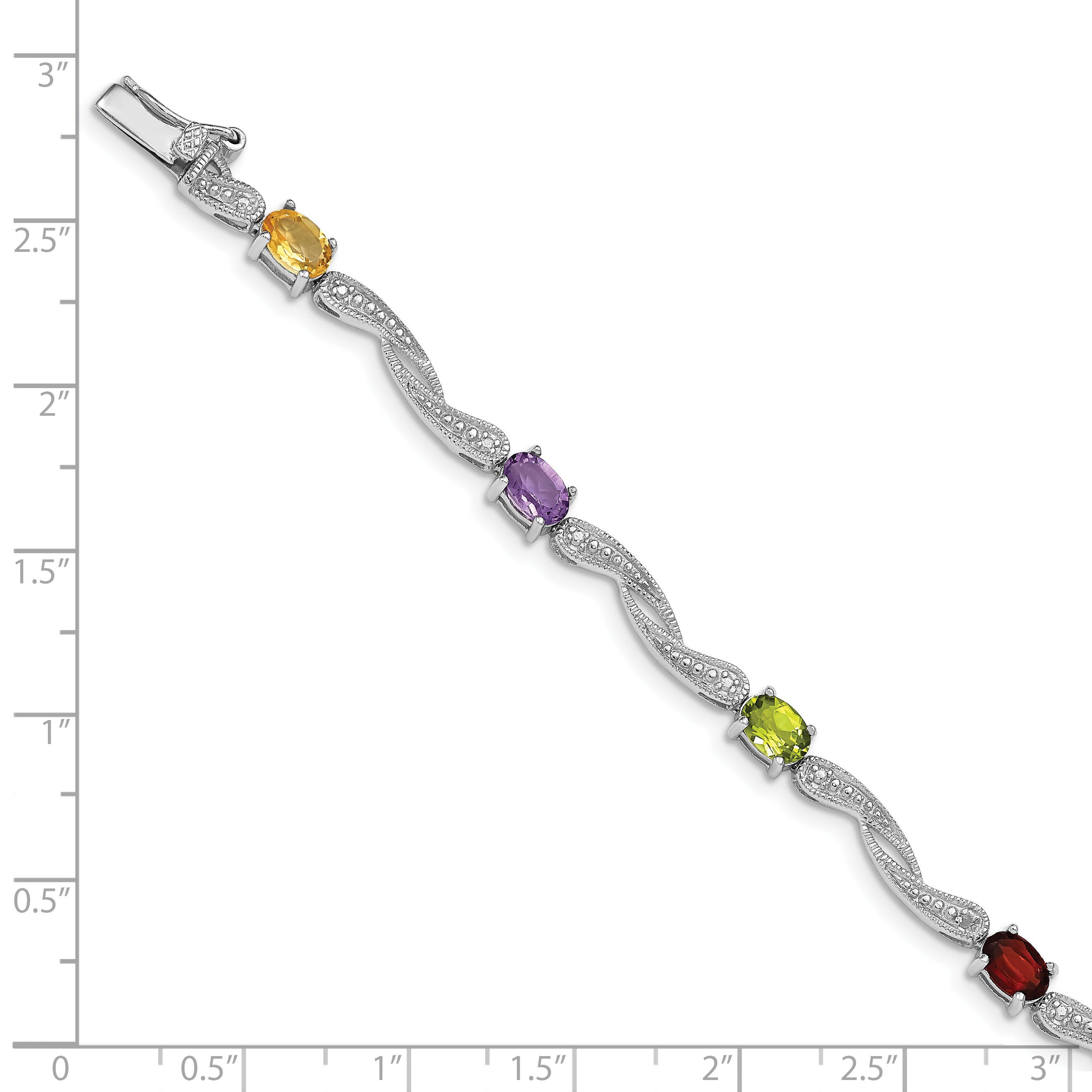 Sterling Silver Rhodium-plated Diamond Multi-Colored Gemstone Bracelet