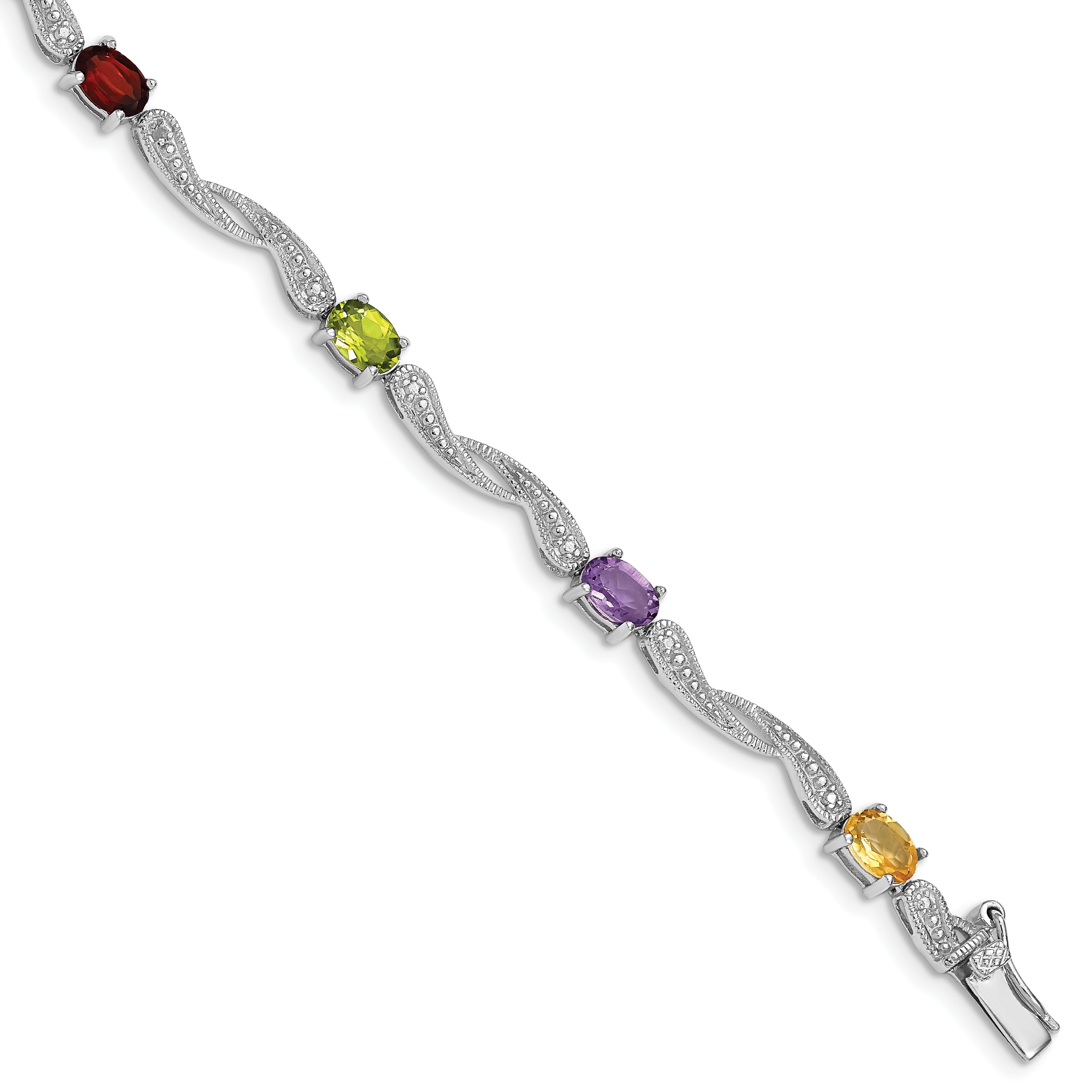 Sterling Silver Rhodium-plated Diamond Multi-Colored Gemstone Bracelet