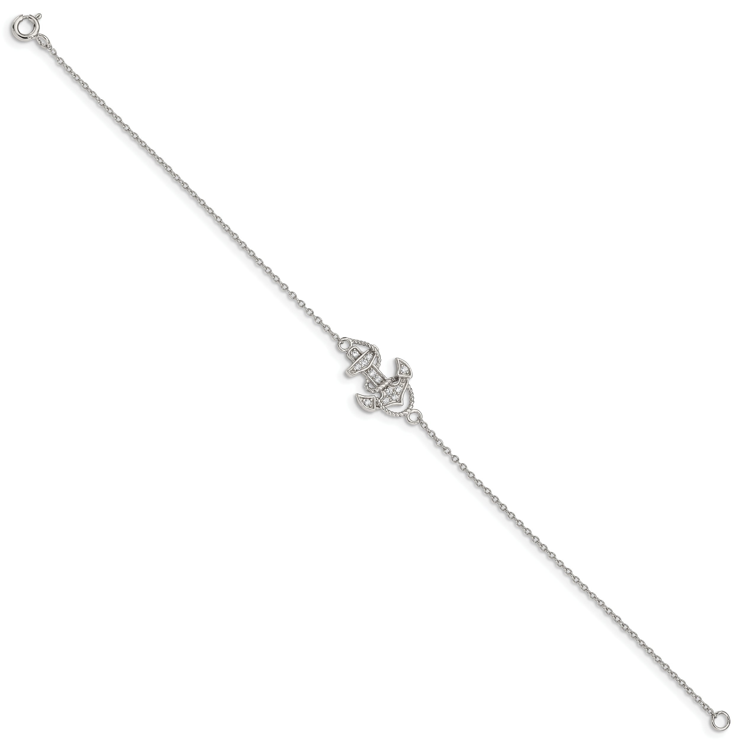 Sterling Silver 7 inch Rhodium-plated Polished CZ Anchor Bracelet