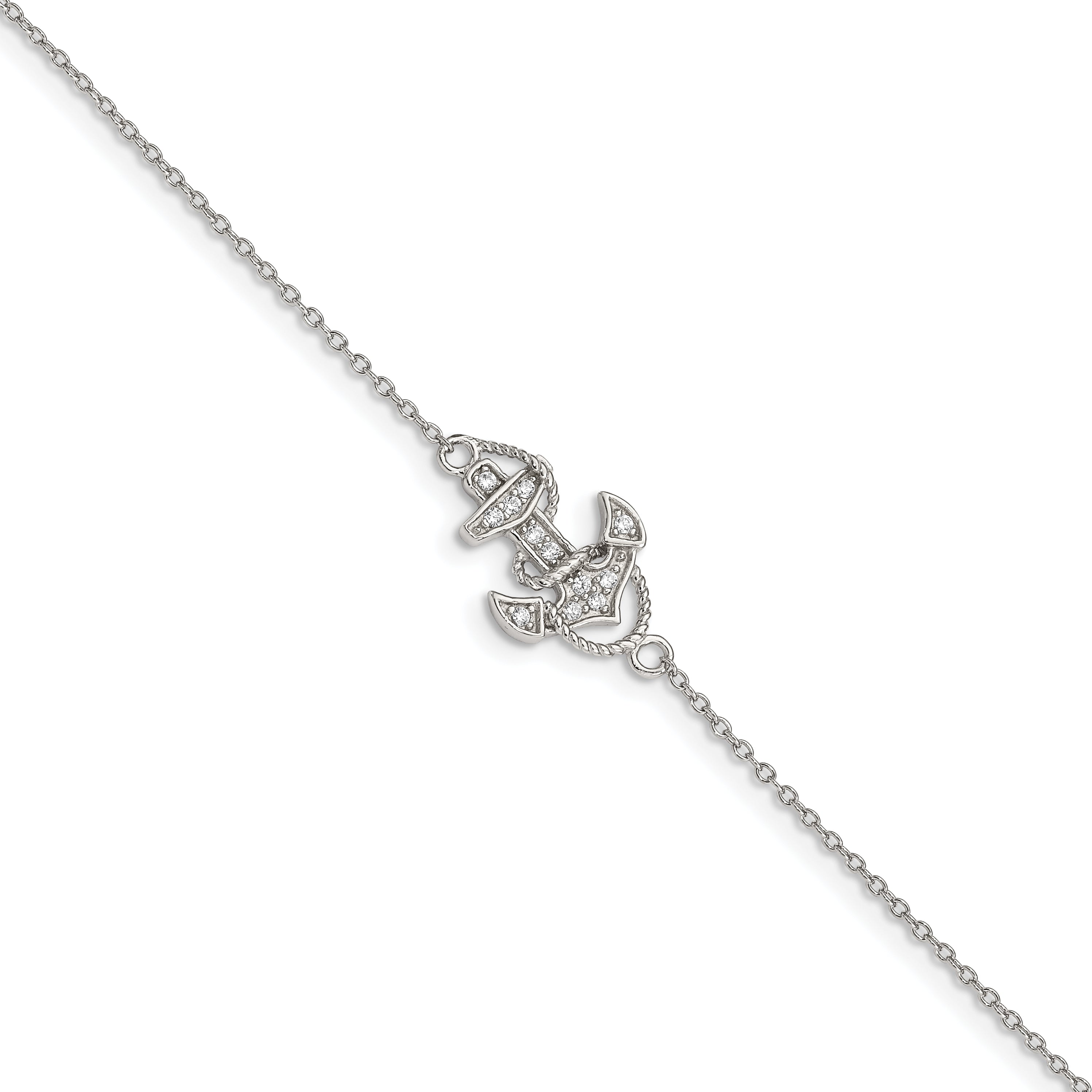 Sterling Silver 7 inch Rhodium-plated Polished CZ Anchor Bracelet