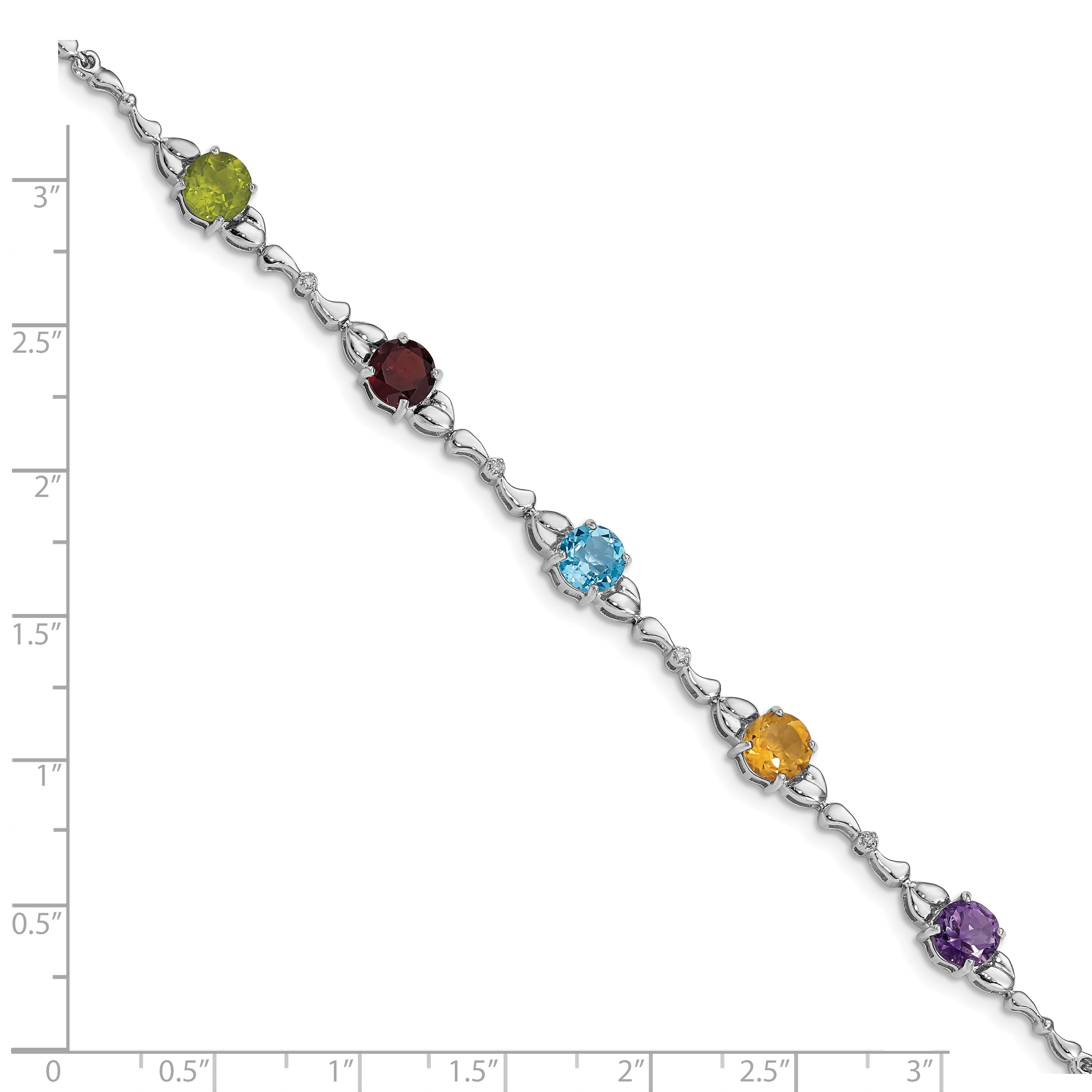 Sterling Silver Rhodium-plated Multi Gemstone & Diamond Bracelet