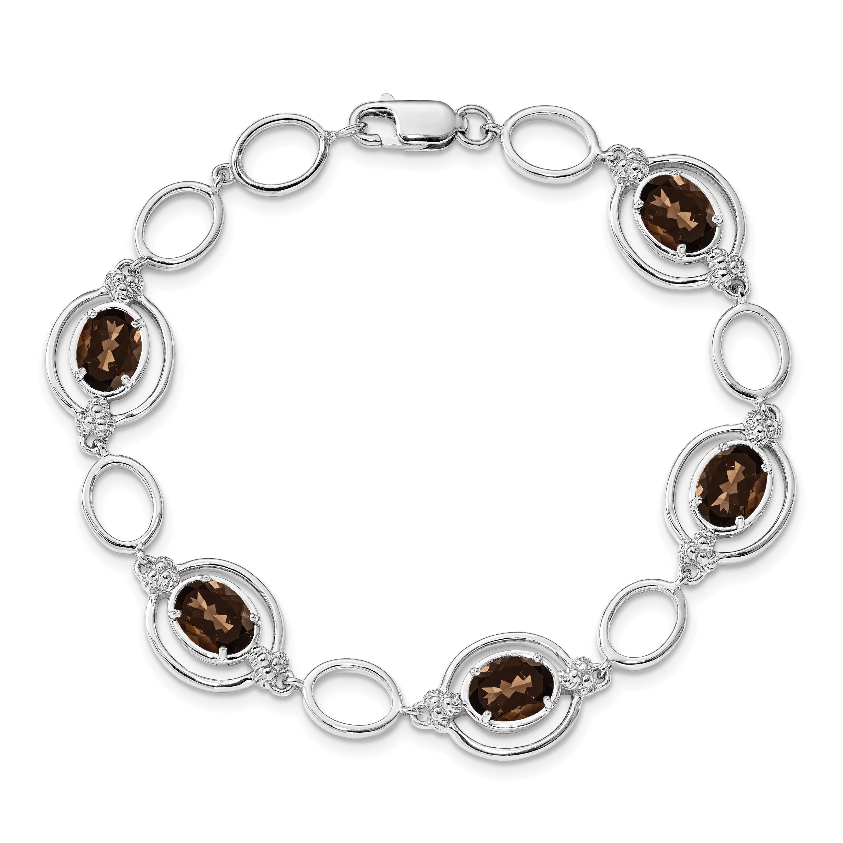 Sterling Silver Rhodium-plated Smoky Quartz Open Link Bracelet