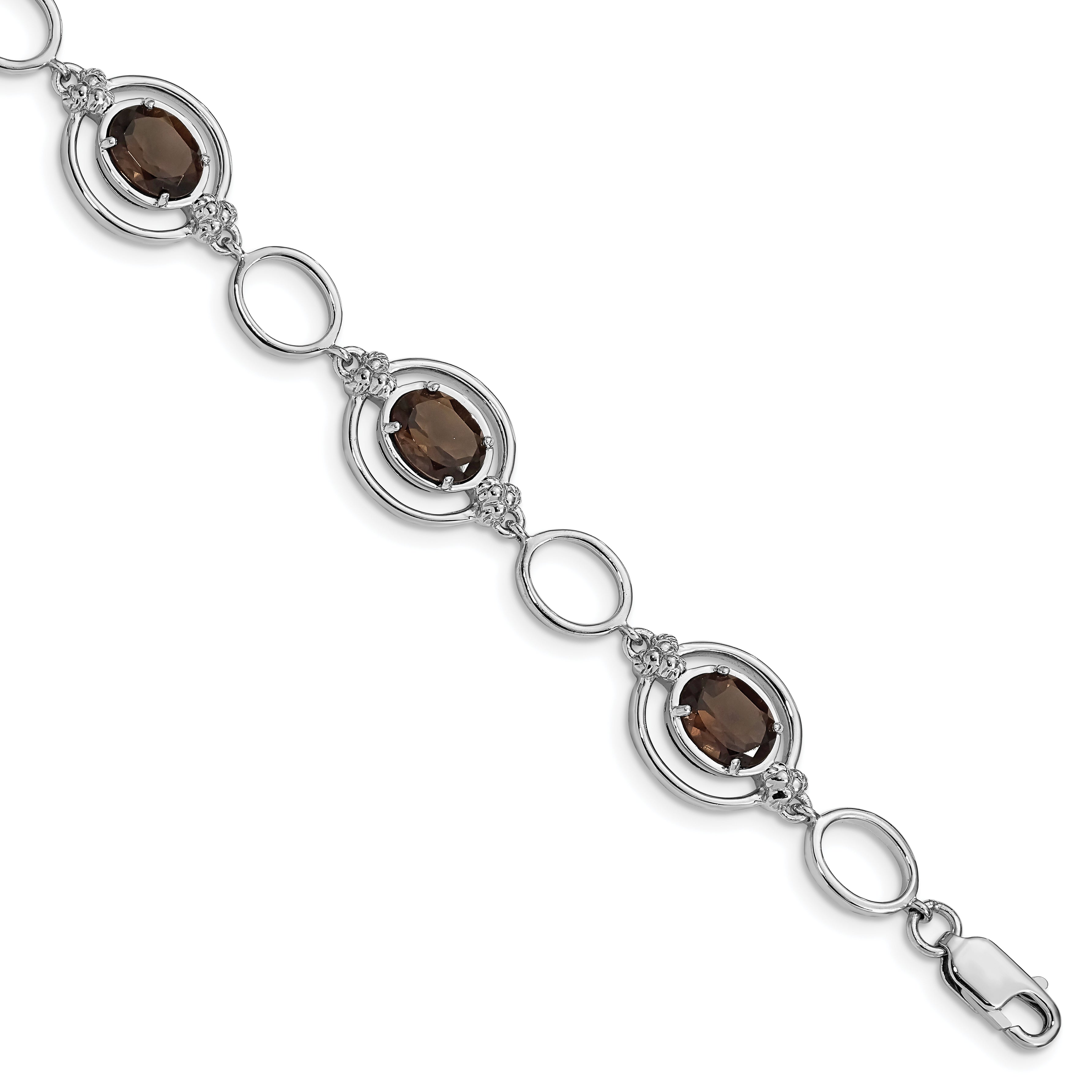 Sterling Silver Rhodium-plated Smoky Quartz Open Link Bracelet