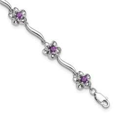 Sterling Silver Rhodium-plated Floral Amethyst Bracelet