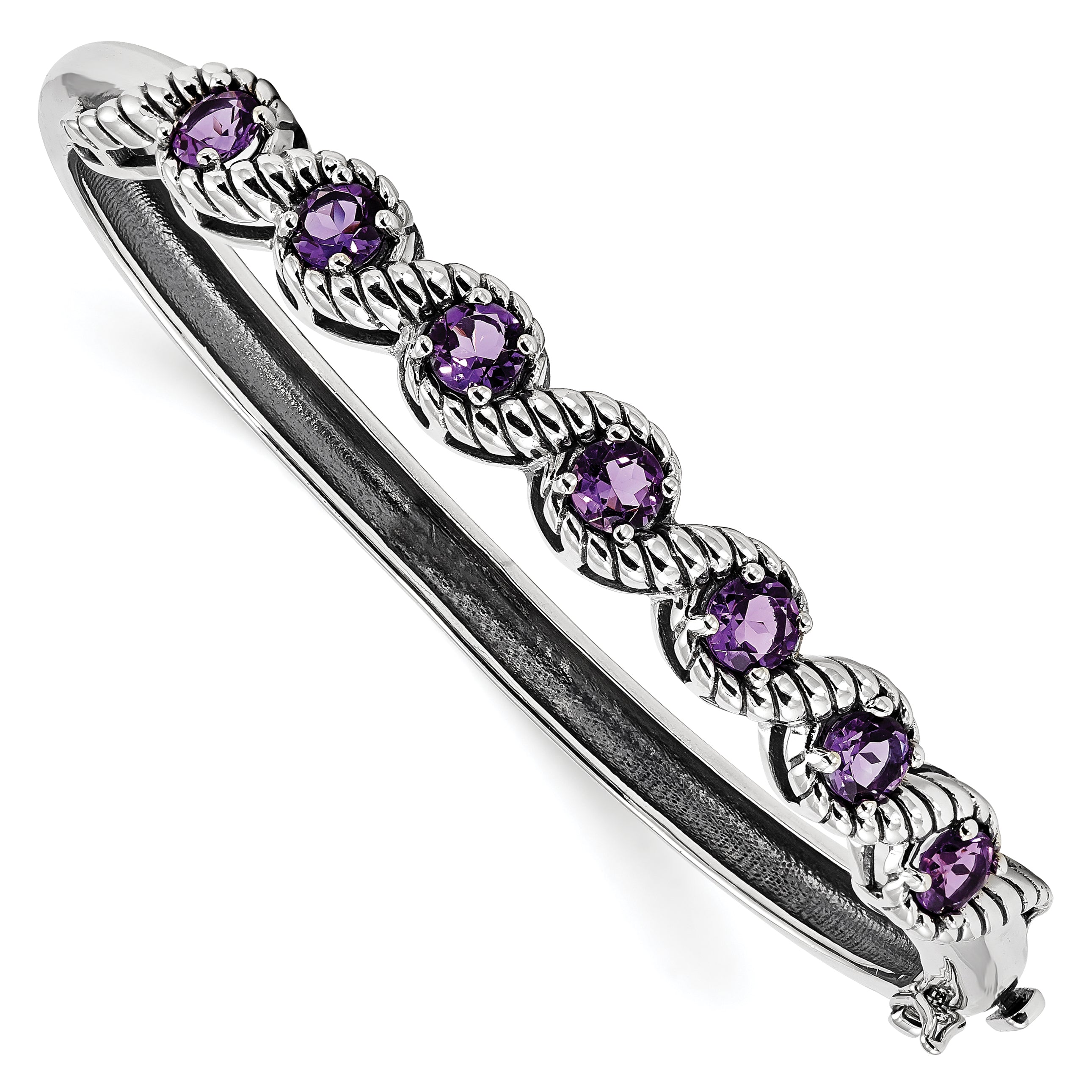 Sterling Silver Rhodium-plated Amethyst Hinged Bangle