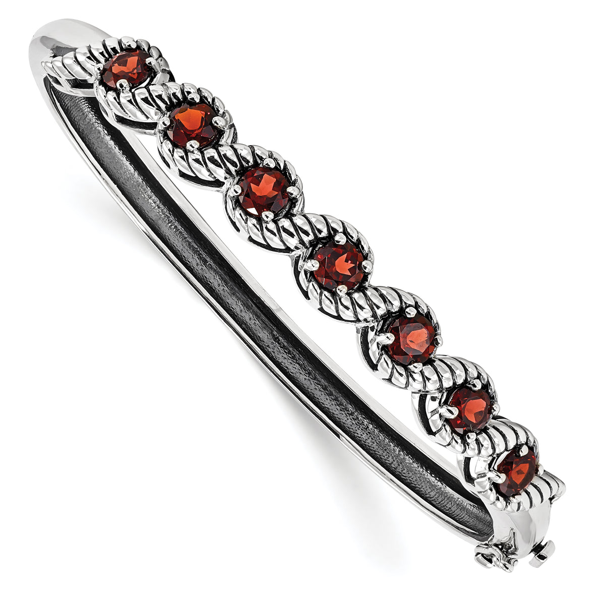 Sterling Silver Rhodium-plated Garnet Hinged Bangle