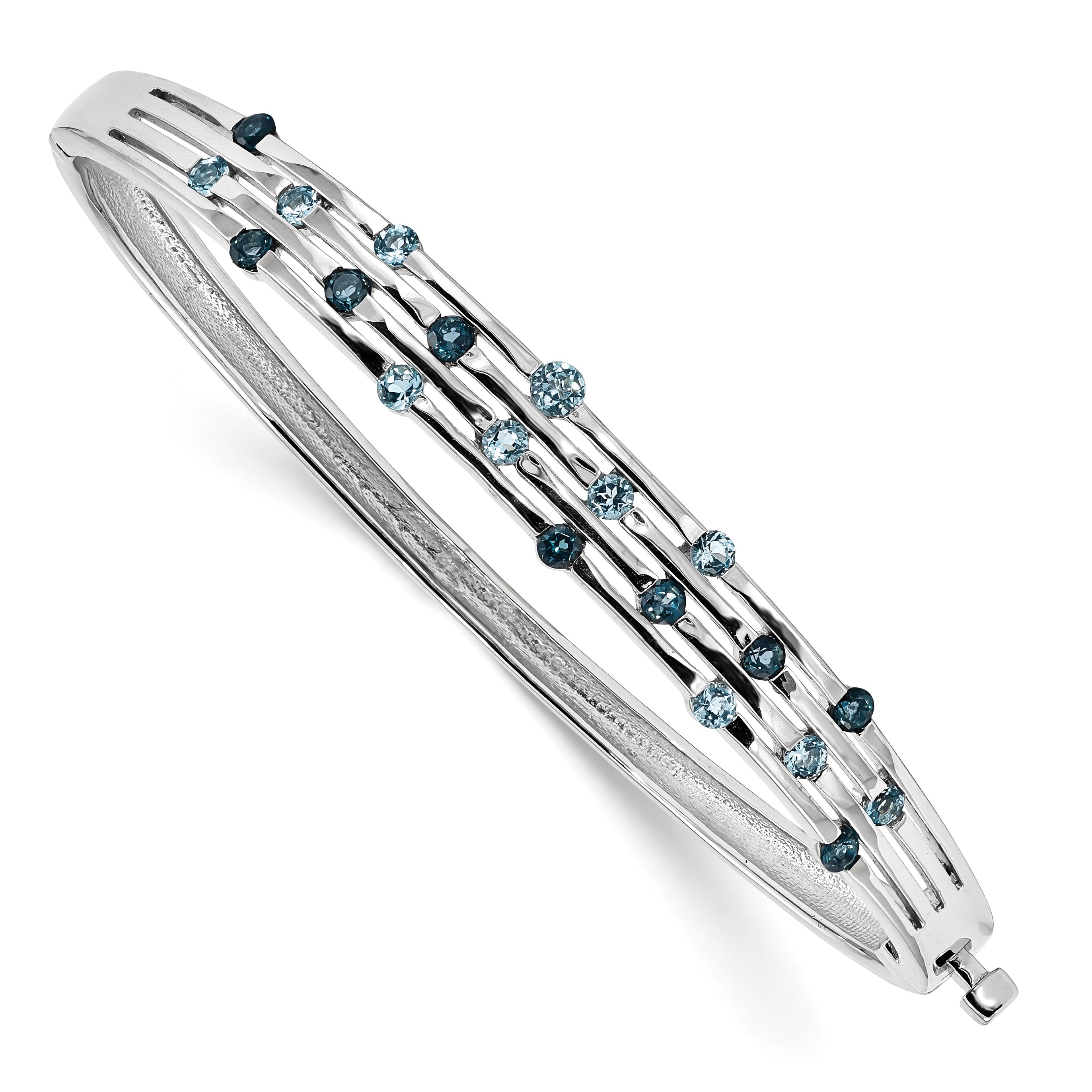 Sterling Silver Rhodium-plated Light Swiss/London Blue Topaz Hinged Bangle