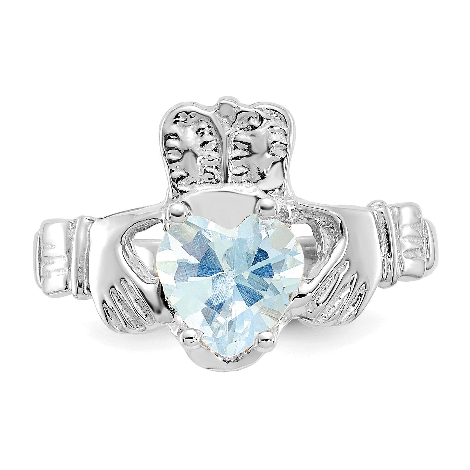 14k White Gold March CZ Birthstone Claddagh Ring