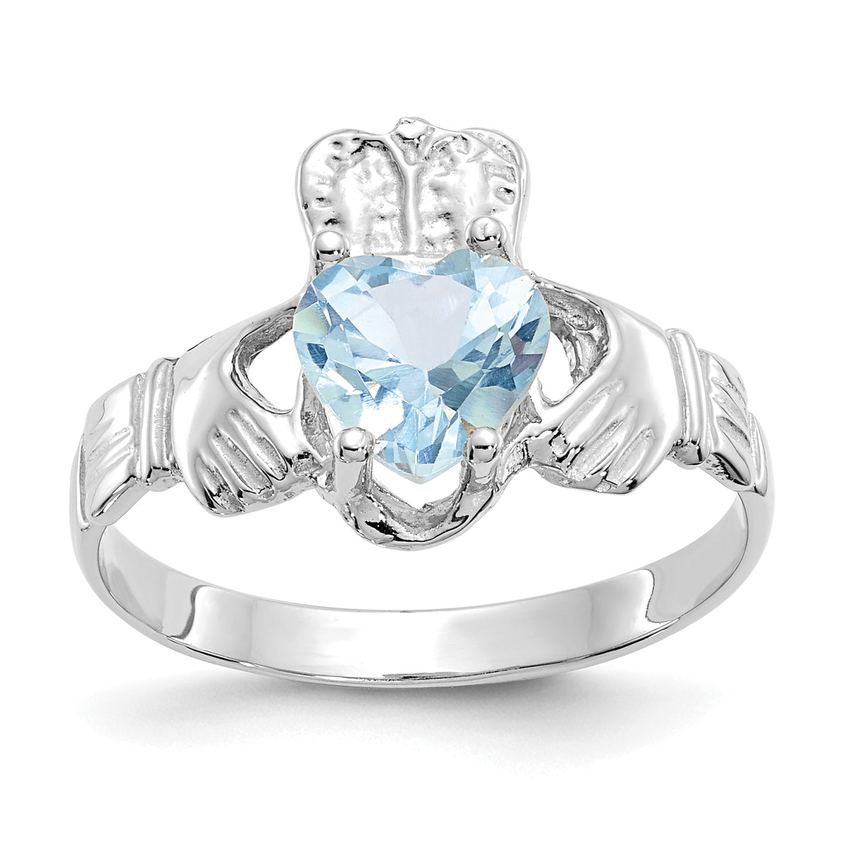 14k White Gold March CZ Birthstone Claddagh Ring