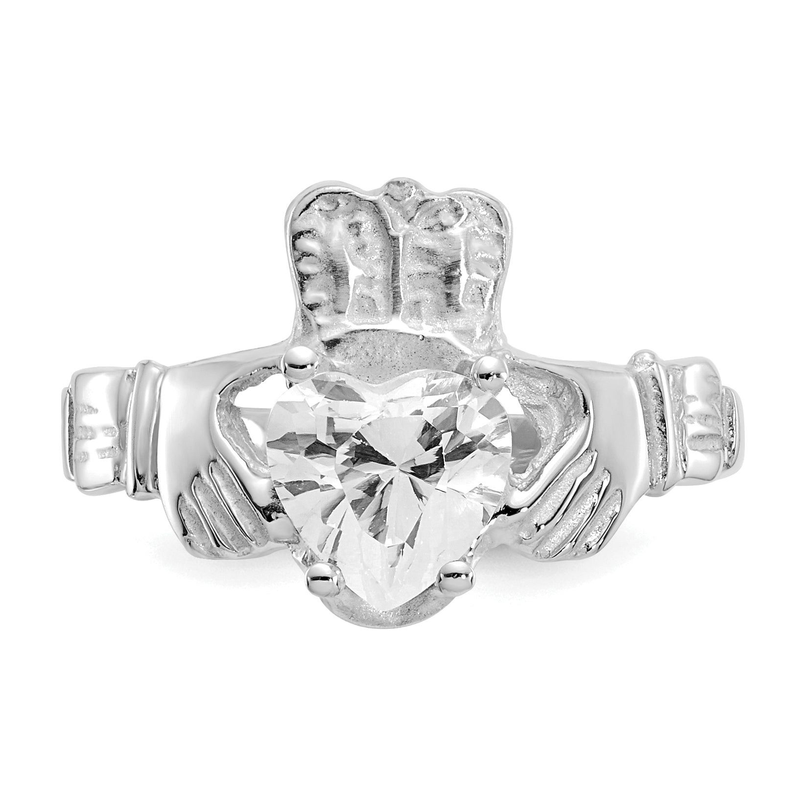 14k White Gold April CZ Birthstone Claddagh Ring