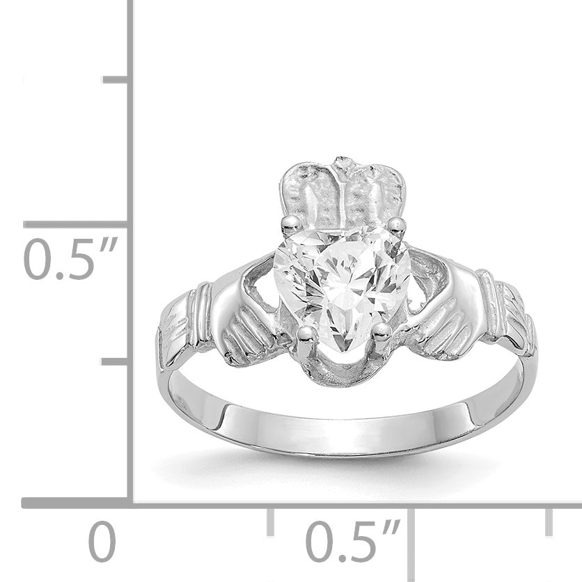 14k White Gold April CZ Birthstone Claddagh Ring