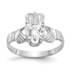 14k White Gold April CZ Birthstone Claddagh Ring