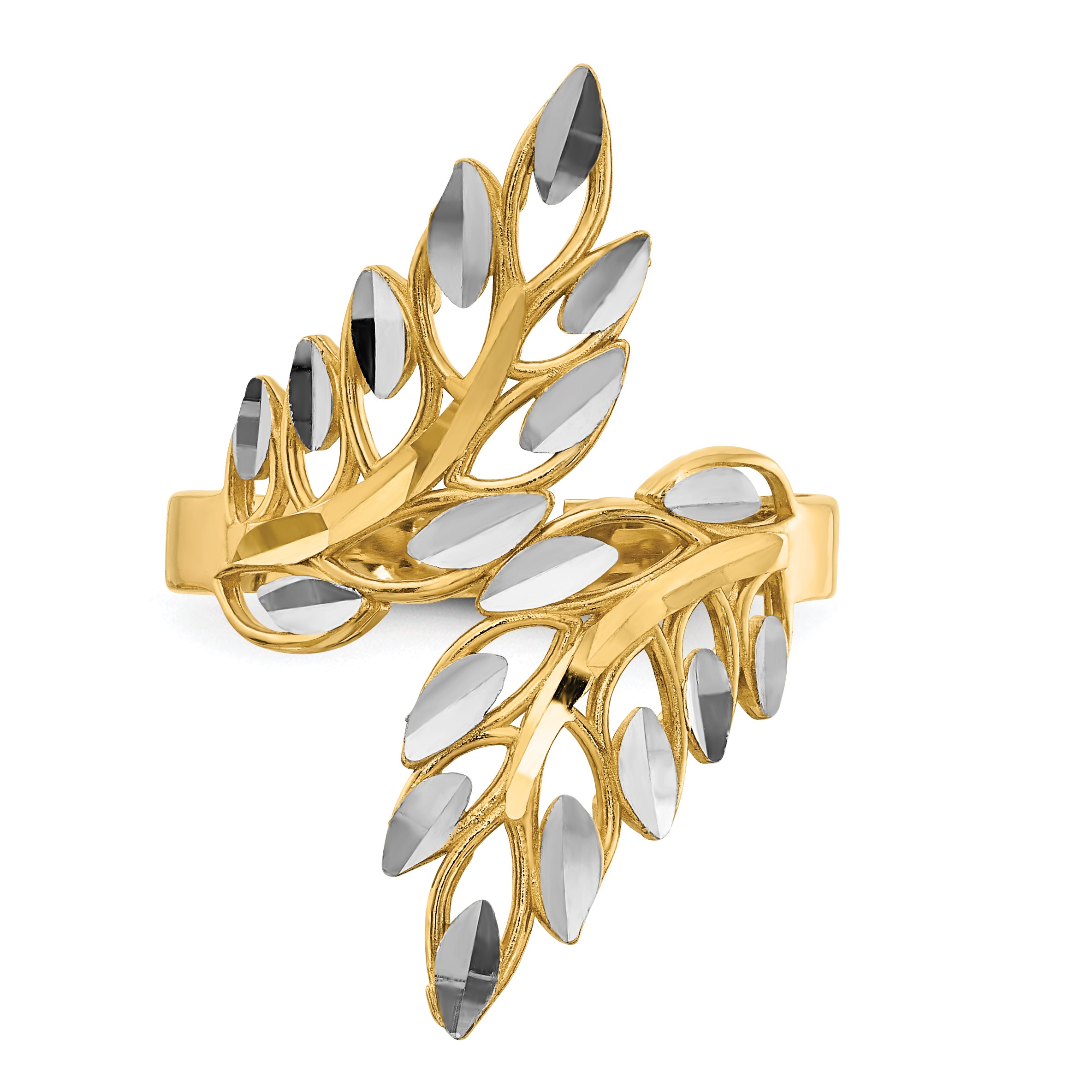 14k With White Rhodium Diamond-cut Leaves Ring