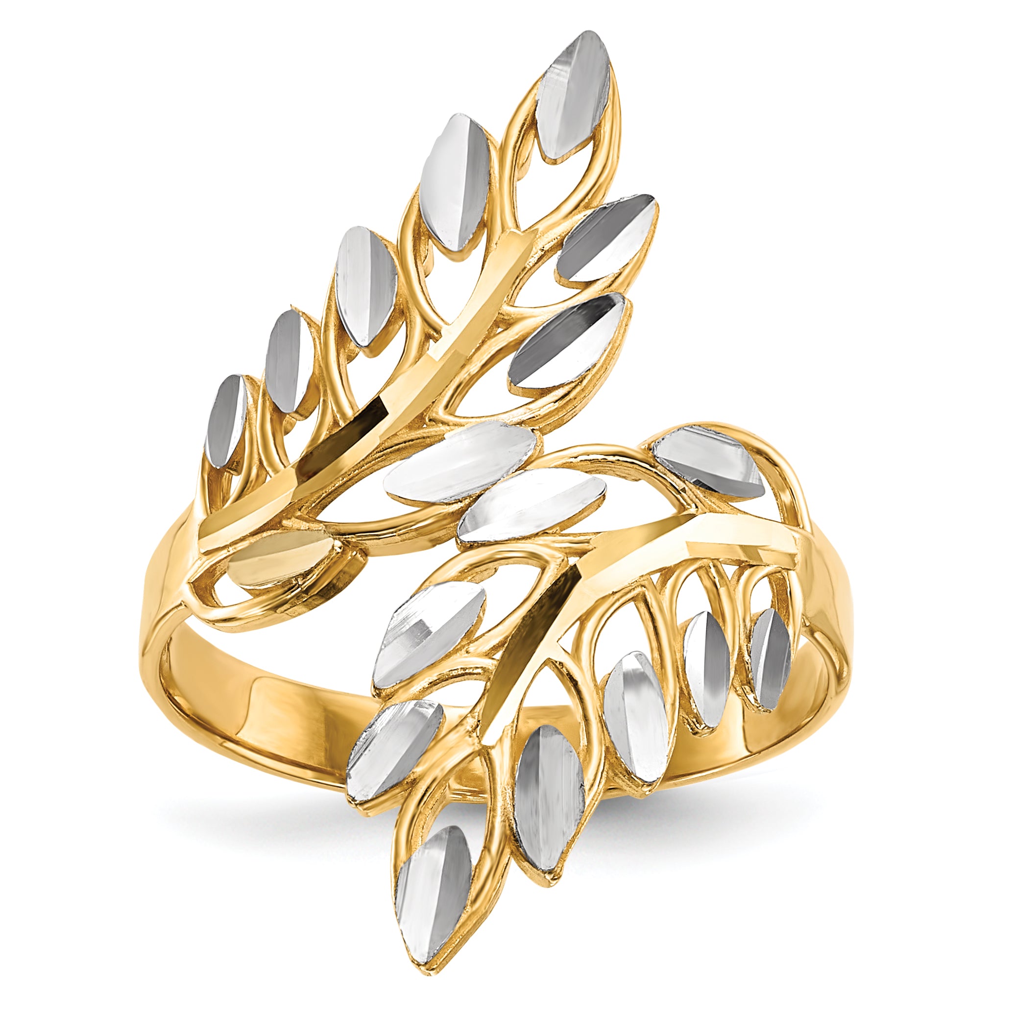 14k With White Rhodium Diamond-cut Leaves Ring