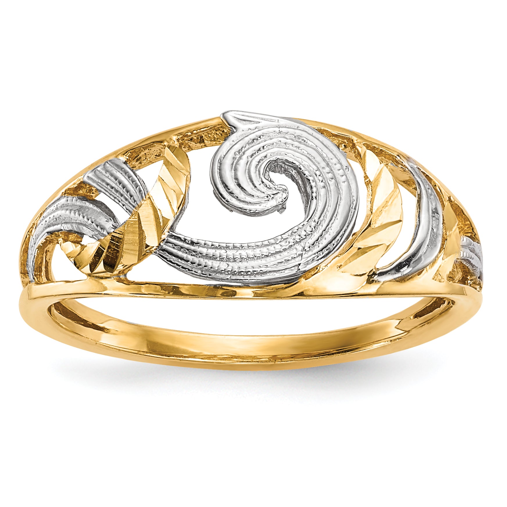 14k WithWhite Rhodium Polished & D/C Swirls Ring