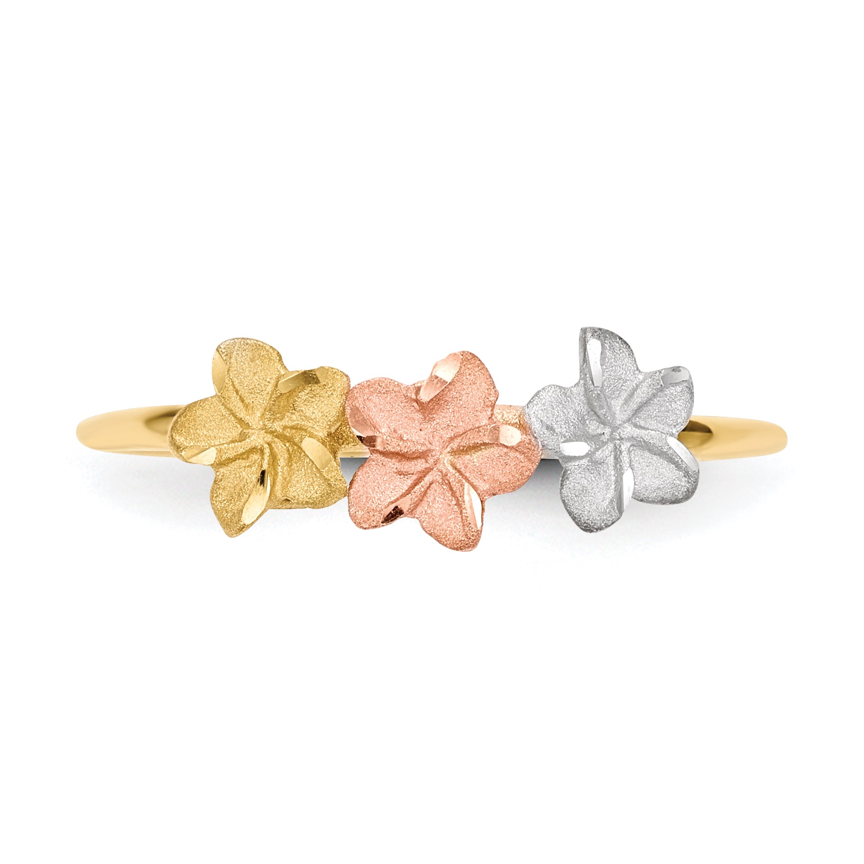 14k Two-tone WithWhite Rhodium Polished and Satin 3 Flower Ring