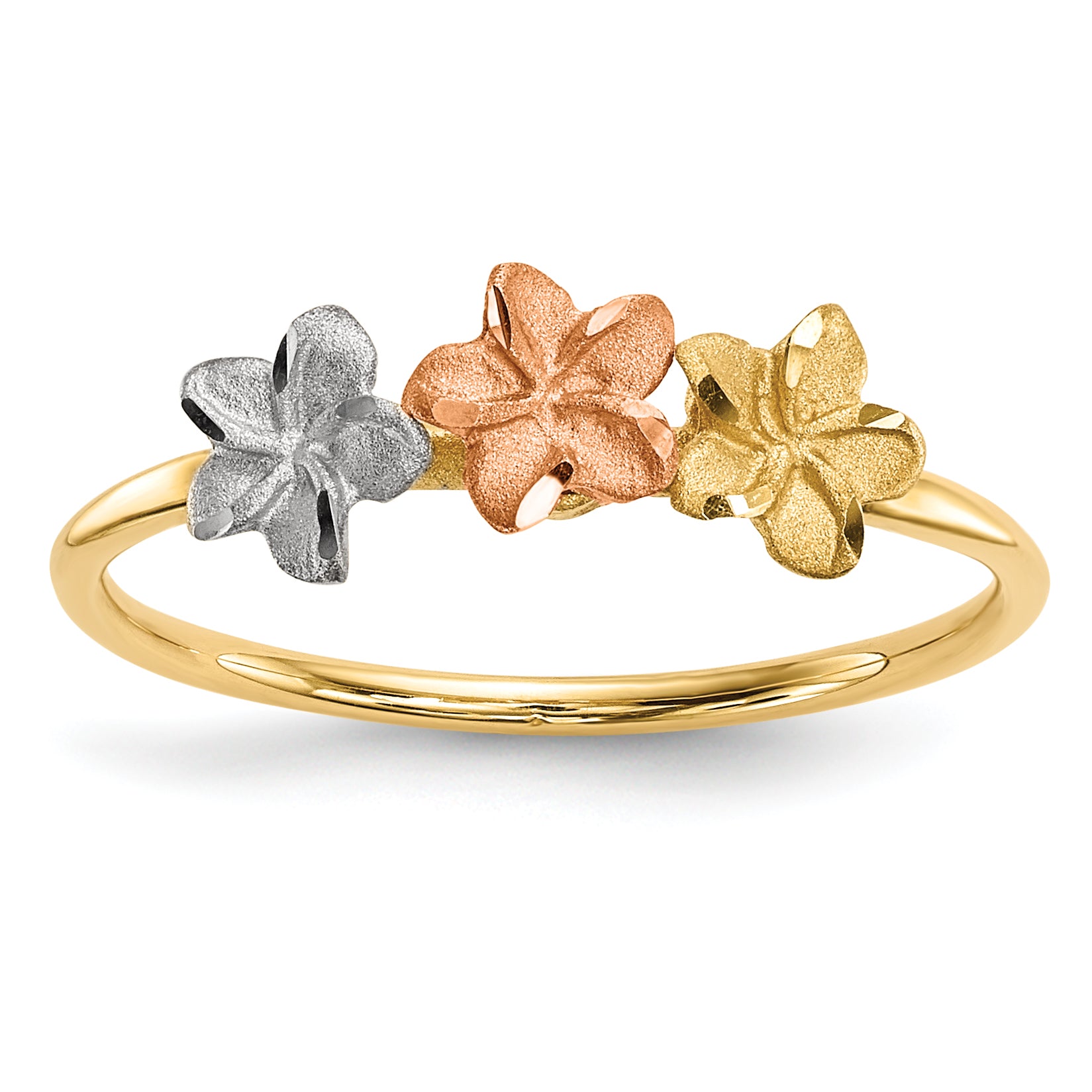 14k Two-tone WithWhite Rhodium Polished and Satin 3 Flower Ring