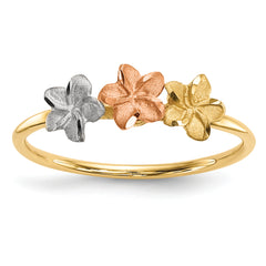 14k Two-tone WithWhite Rhodium Polished and Satin 3 Flower Ring