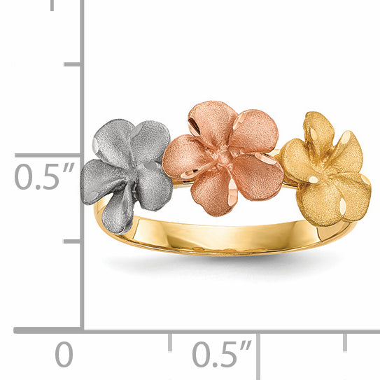 14k Two-tone WithWhite Rhodium Satin D/C 3-Plumerias Ring