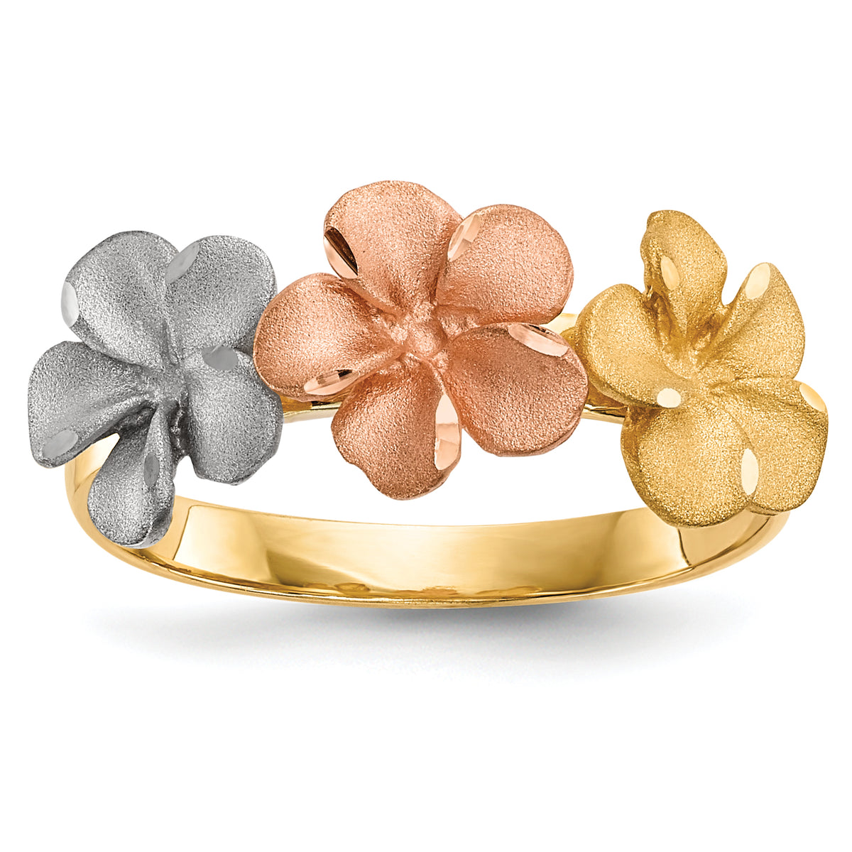 14k Two-tone WithWhite Rhodium Satin D/C 3-Plumerias Ring