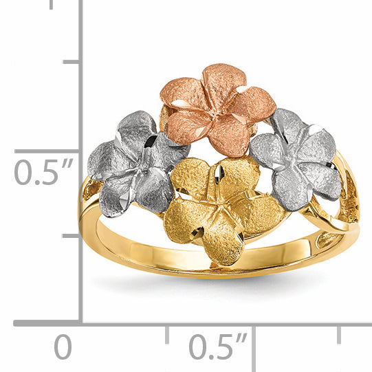 14k Two-tone WithWhite Rhodium Polished & Satin D/C 4-Plumeria Ring