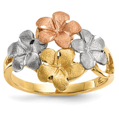 14k Two-tone WithWhite Rhodium Polished & Satin D/C 4-Plumeria Ring