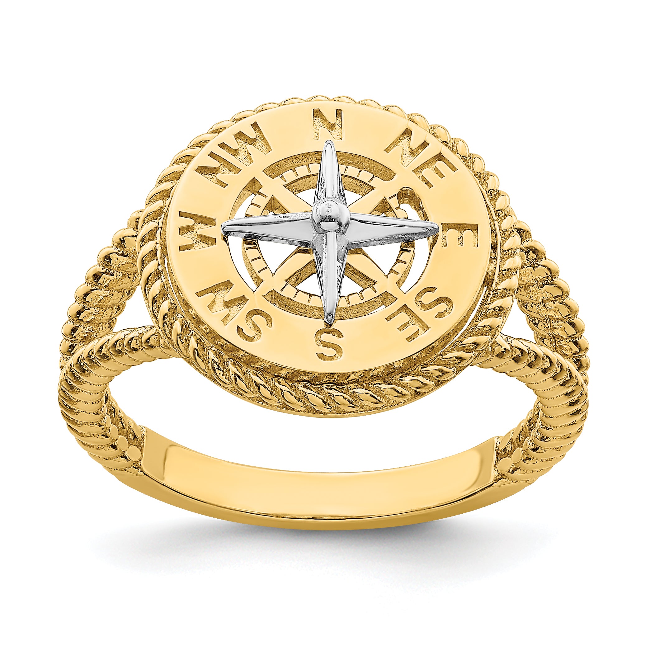 14k Two-tone Mini Nautical Compass Rope Ring