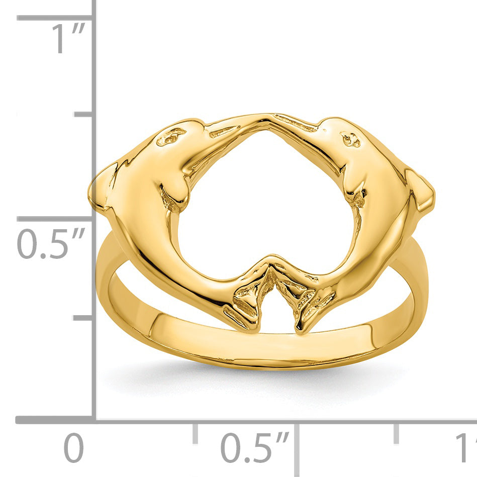 14k Polished Dolphins Heart Ring