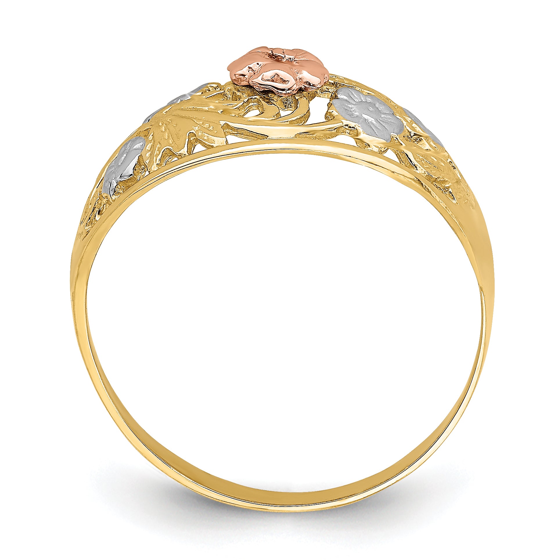 14k Tri- Color WithWhite Rhodium Floral Dome Ring