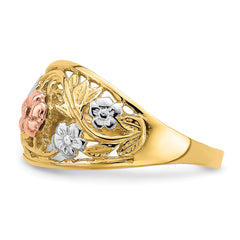 14k Tri- Color WithWhite Rhodium Floral Dome Ring