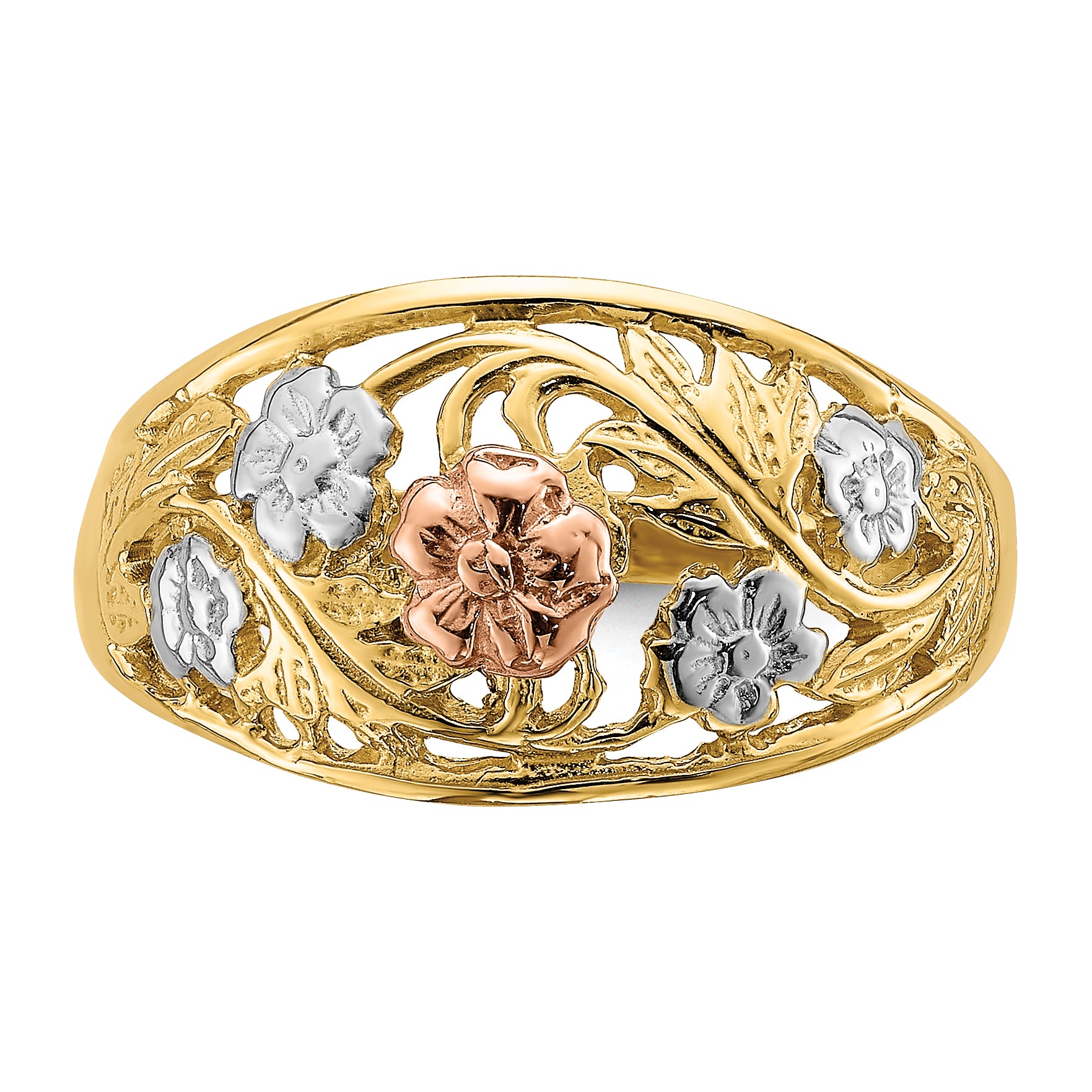 14k Tri- Color WithWhite Rhodium Floral Dome Ring