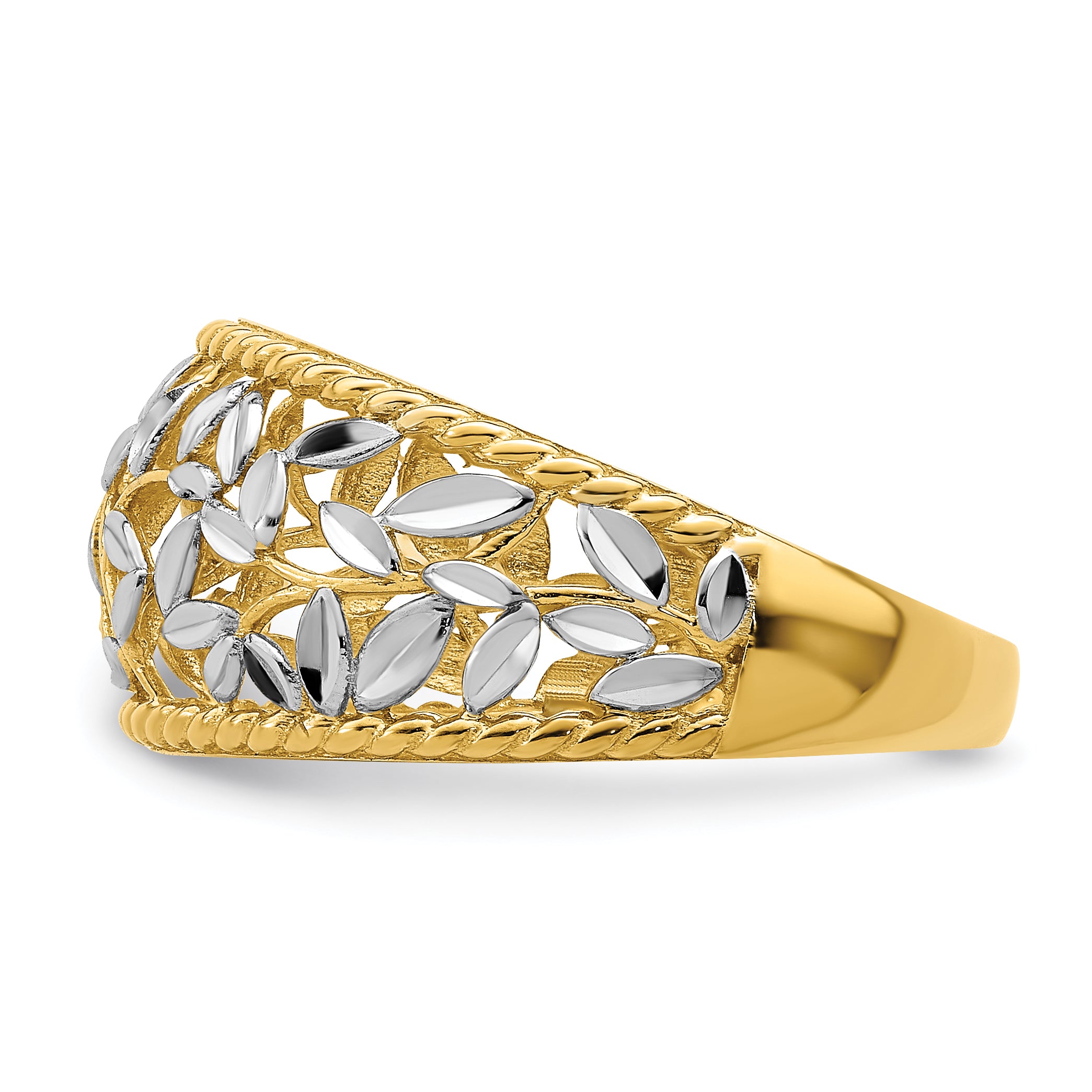 14k WithRhodium Diamond-cut Filigree Leaf Ring