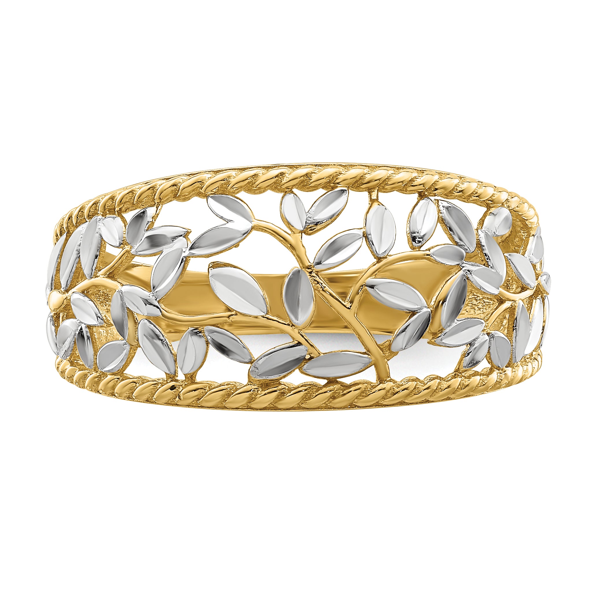 14k WithRhodium Diamond-cut Filigree Leaf Ring