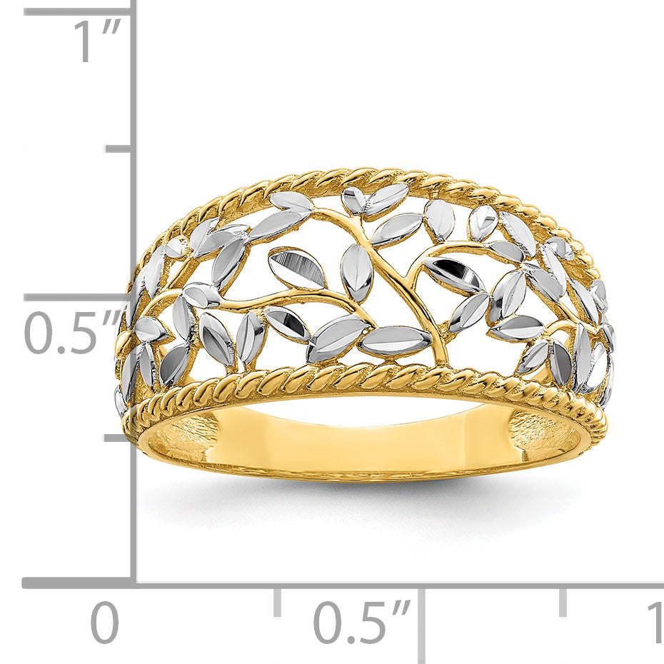 14k WithRhodium Diamond-cut Filigree Leaf Ring