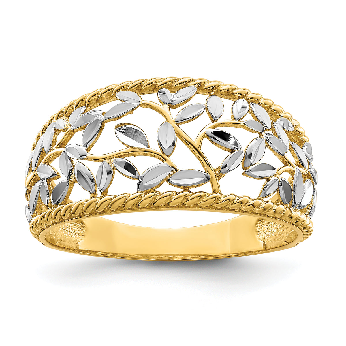 14k WithRhodium Diamond-cut Filigree Leaf Ring