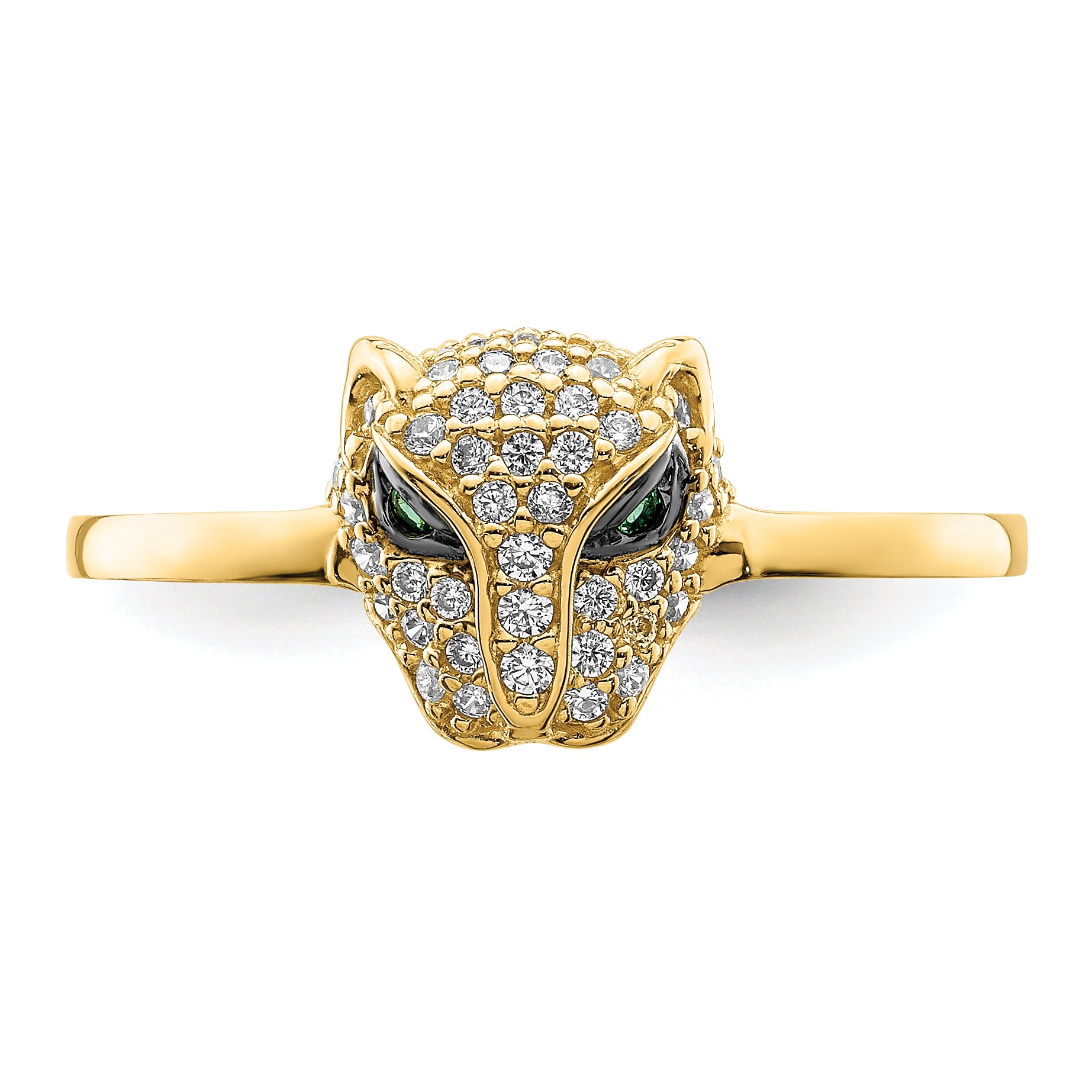 14K Polished Green & White CZ Lioness Head Ring