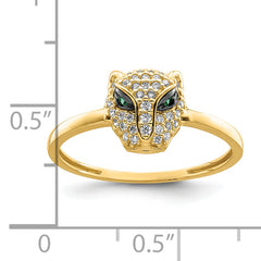 14K Polished Green & White CZ Lioness Head Ring