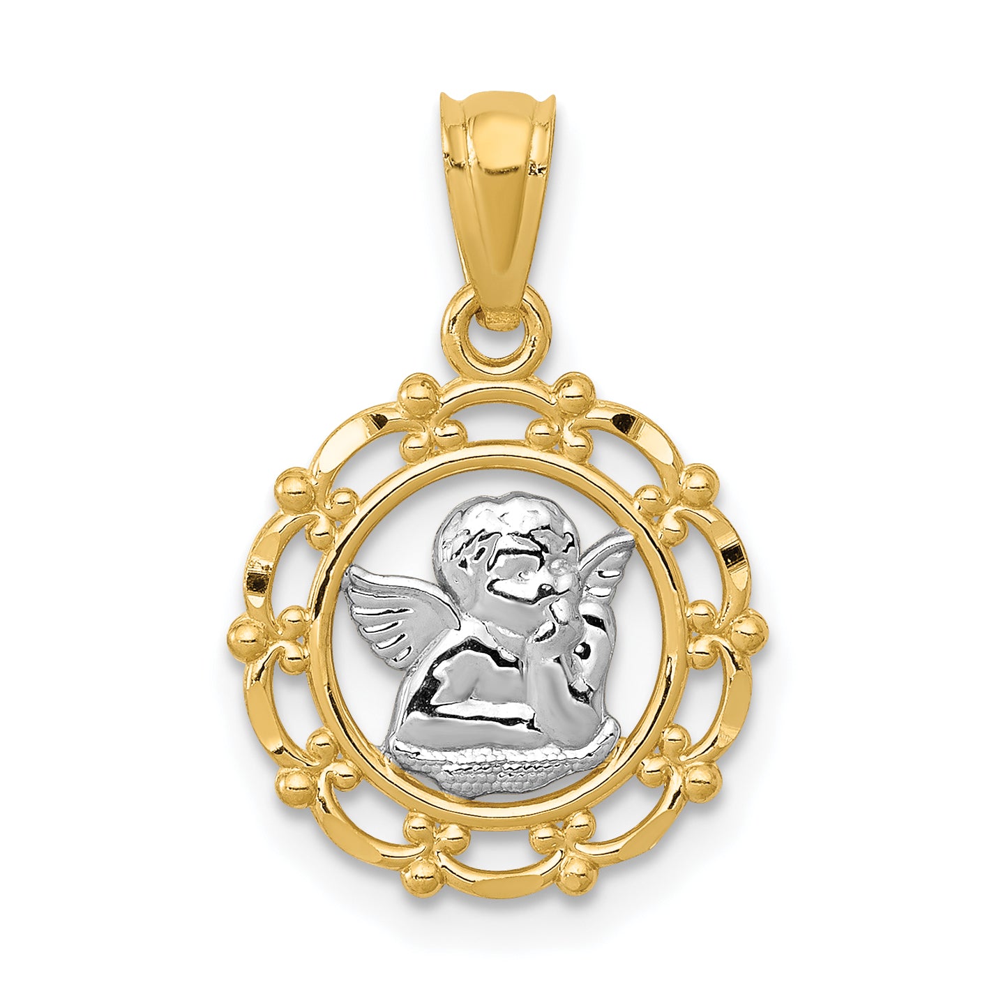 14k w/Rhodium Framed Cherub Pendant